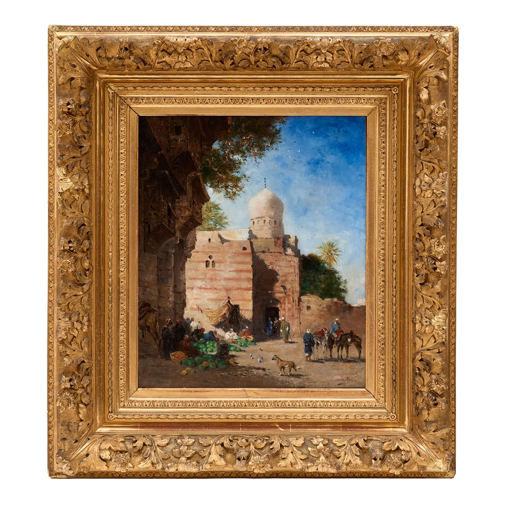 Narcisse Berchere Figurative Painting - Antique French Orientalist Oil Painting Market Scene Mosque Narcisse Berchère