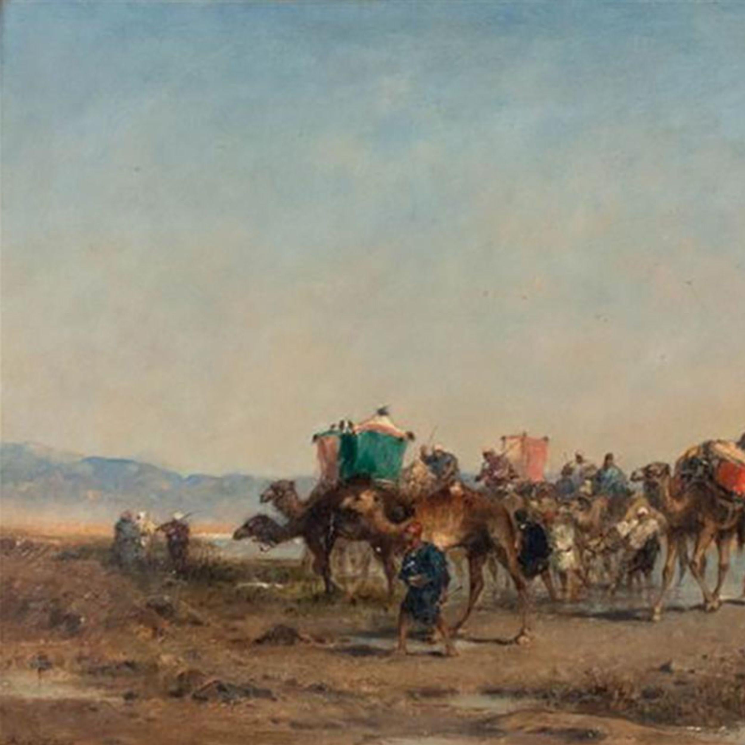 This painting vividly depicts a group of Arab travelers on camels stopping by a body of water to refresh and continue their journey. The beautiful brush strokes bring to life the essence of a desert journey, highlighting both the beauty of the