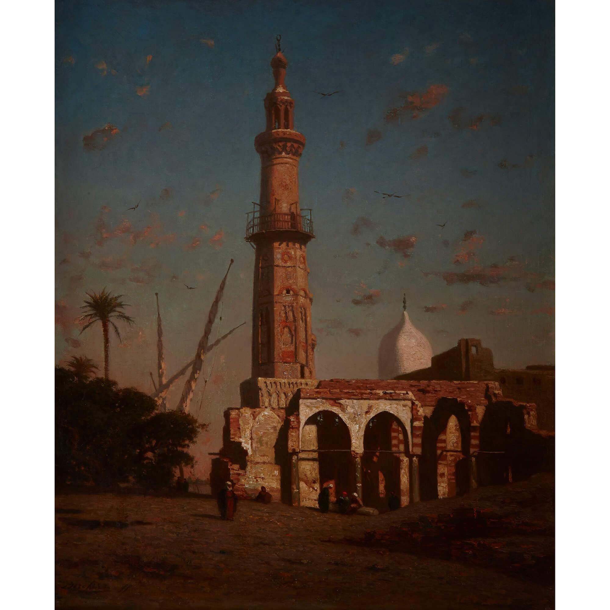 Oil painting of a Middle Eastern coastal town with a minaret by Berchère
French, 19th Century
Canvas: Height 46cm, width 38cm
Frame: Height 74cm, width 67cm, depth 10cm

This atmospheric scene is by Narcisse Berchère (1819-1891), a French painter