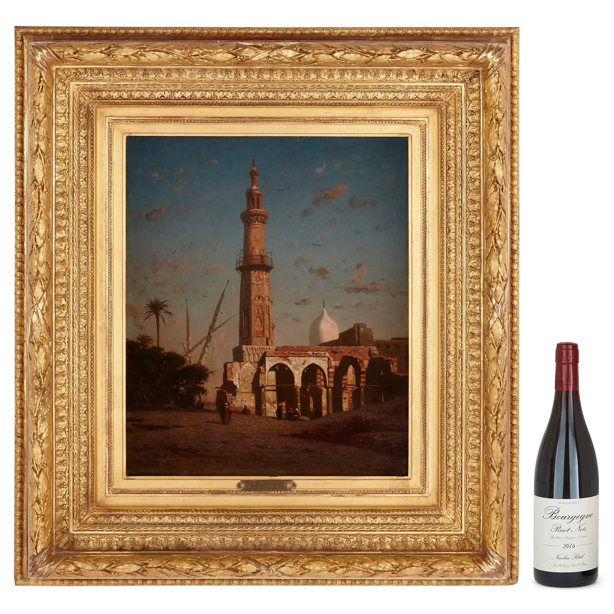 Coastal Oil Painting with a Middle Eastern Minaret by Berchère For Sale 5