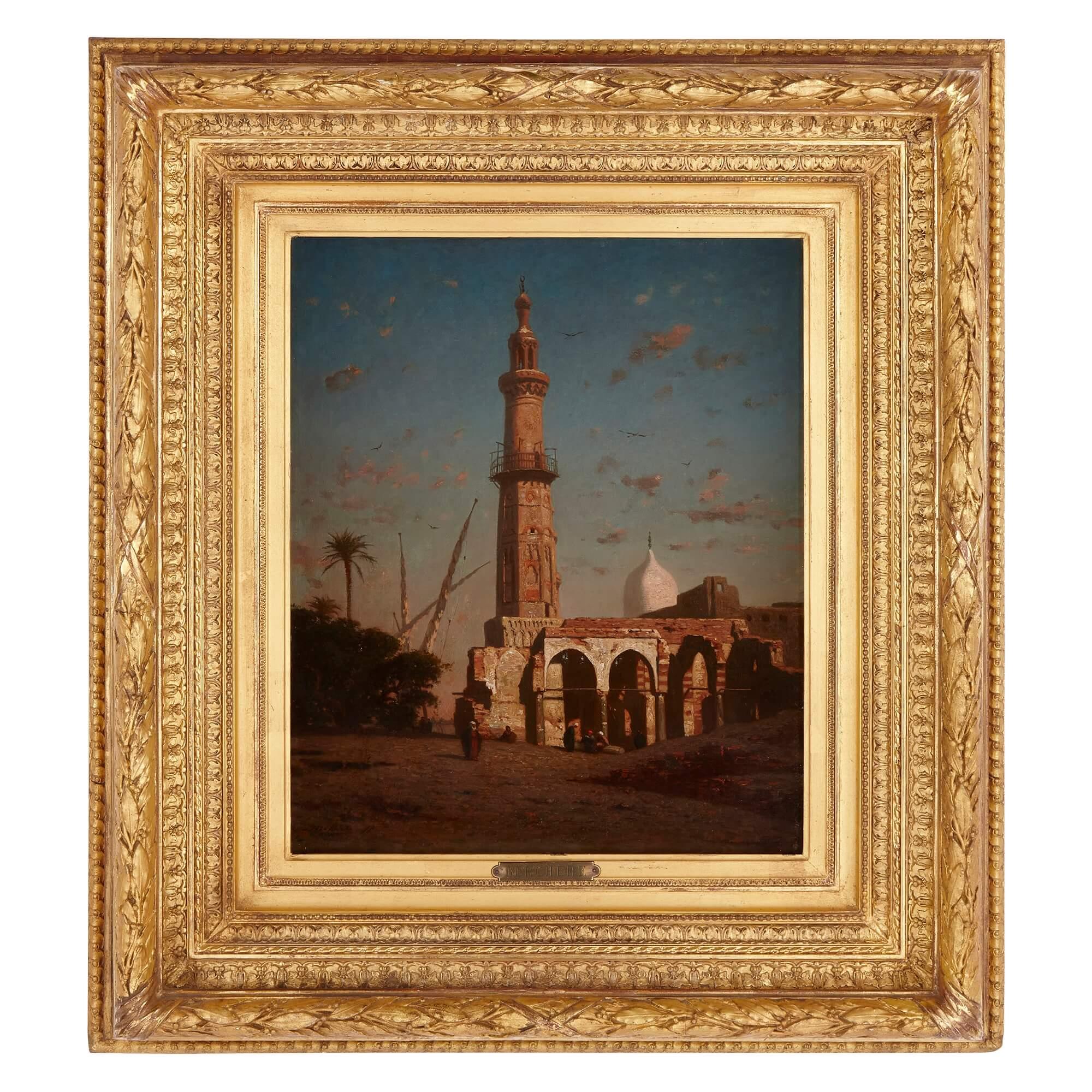 Narcisse Berchere Landscape Painting - Coastal Oil Painting with a Middle Eastern Minaret by Berchère