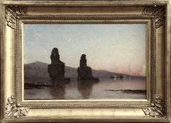 Colossi of Memnon, The Nile - Evening - 19th Century Oil, Landscape by Berchere
