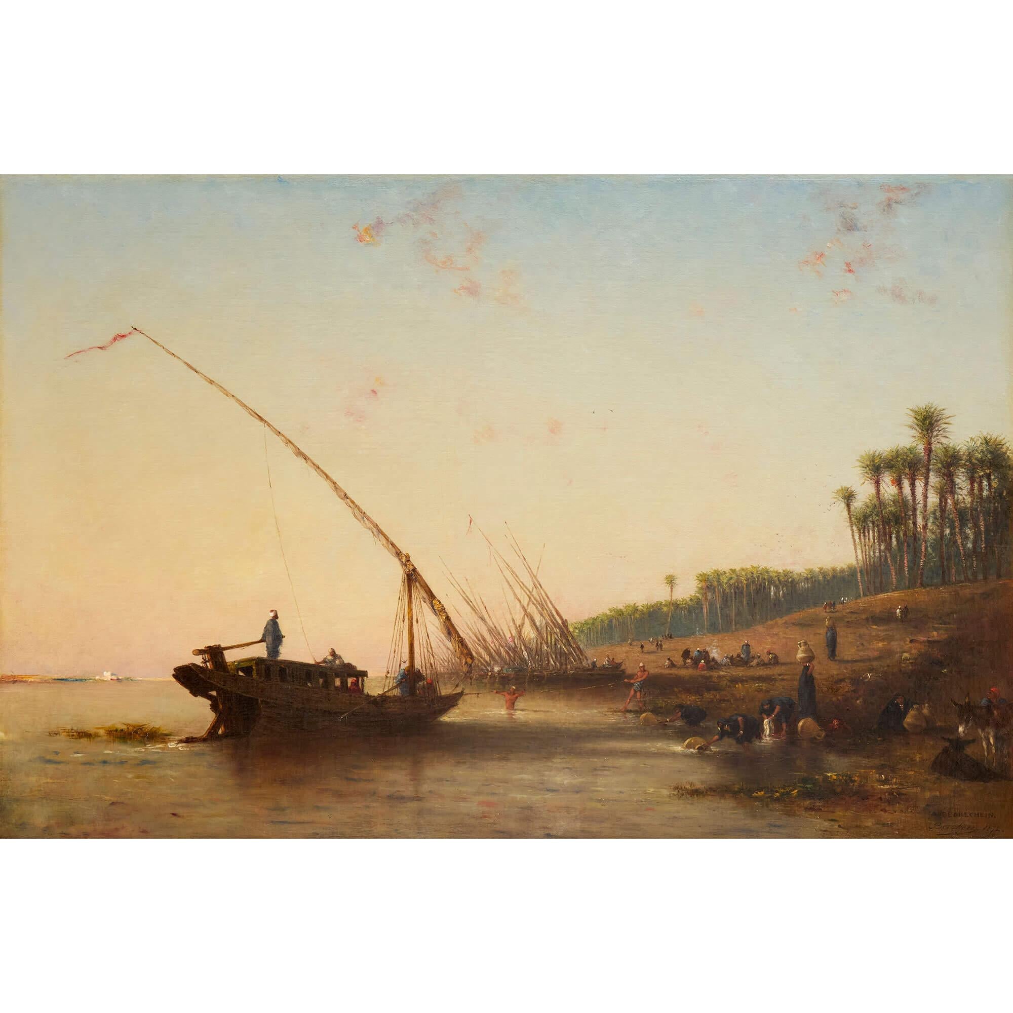 Large Antique French Orientalist Oil Painting River Nile Egypt Narcisse Berchère - Beige Figurative Painting by Narcisse Berchere