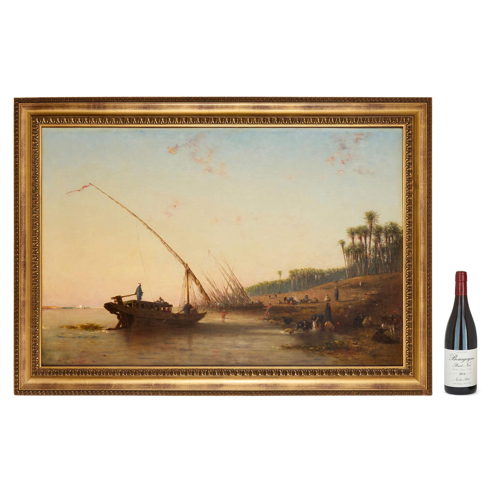 Large Antique French Orientalist Oil Painting River Nile Egypt Narcisse Berchère For Sale 2