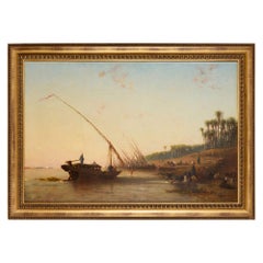 Large Antique French Orientalist Oil Painting River Nile Egypt Narcisse Berchère