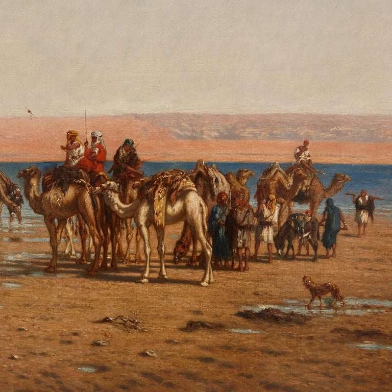 This beautiful oil painting, entitled ‘Crossing the Desert’, was painted by the French artist, Narcisse Berchère. Berchère travelled to Egypt in the mid-19th Century, where he became well-acquainted with the most important Orientalist painters of