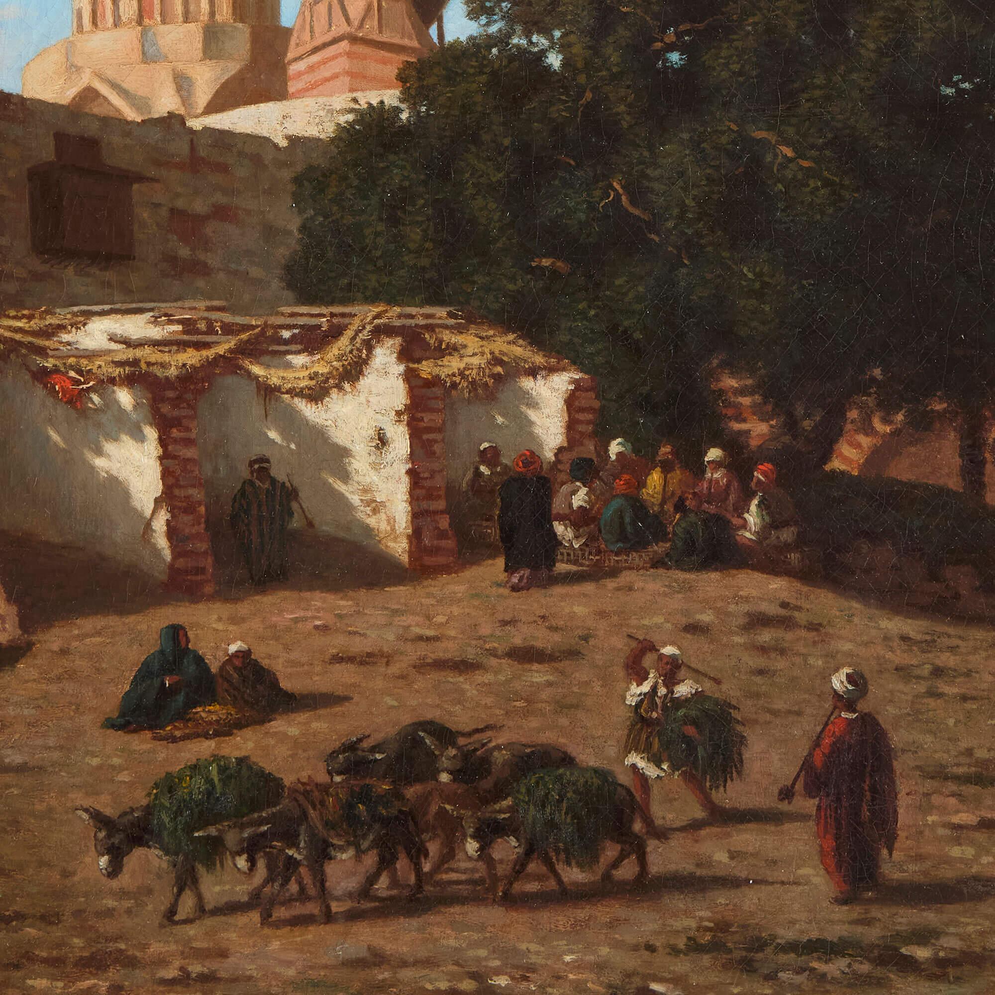 Orientalisches Ölgemälde einer Moschee in Kairo von Berchère 
Französisch, 19. Jahrhundert
Segeltuch: Höhe 62cm, Breite 47cm
Rahmen: Höhe 83cm, Breite 70cm, Tiefe 7,5cm

Dieses exquisite orientalistische Ölgemälde stammt von dem französischen
