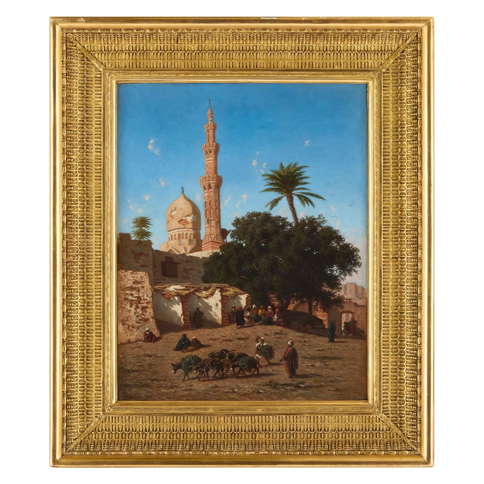 Narcisse Berchere Landscape Painting – Orientalisches Ölgemälde einer Moschee in Kairo von Berchère