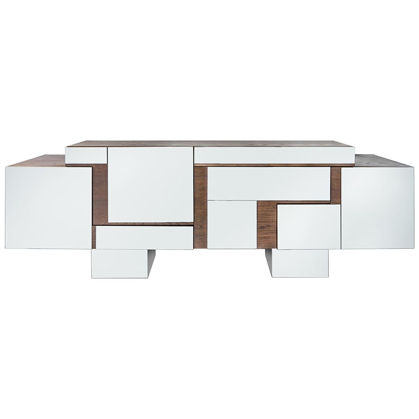 Narcisse Contemporary Asymmetrical Credenza in Wood and Mirror For Sale