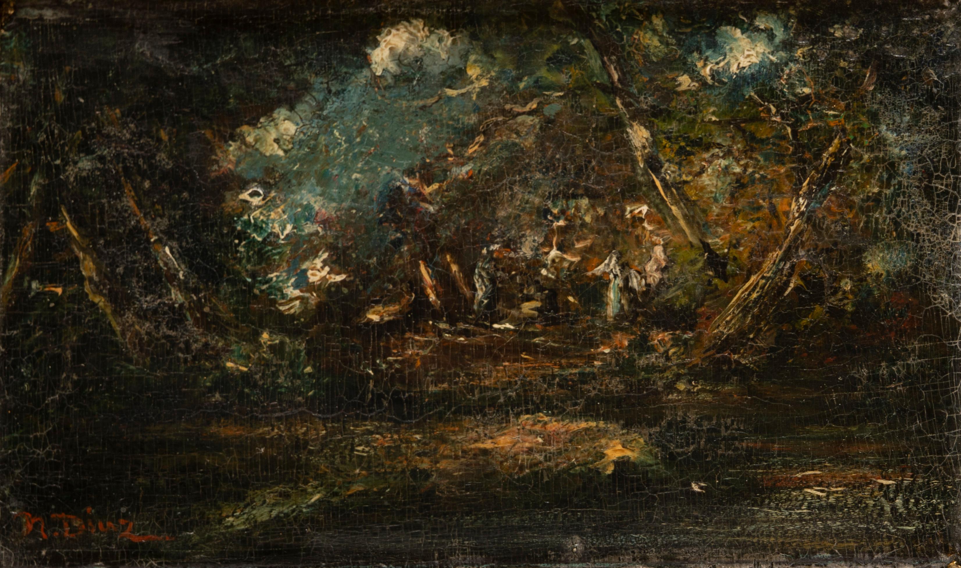 Romantische Waldlandschaft, Öl auf Holzplatte, Mitte 19.