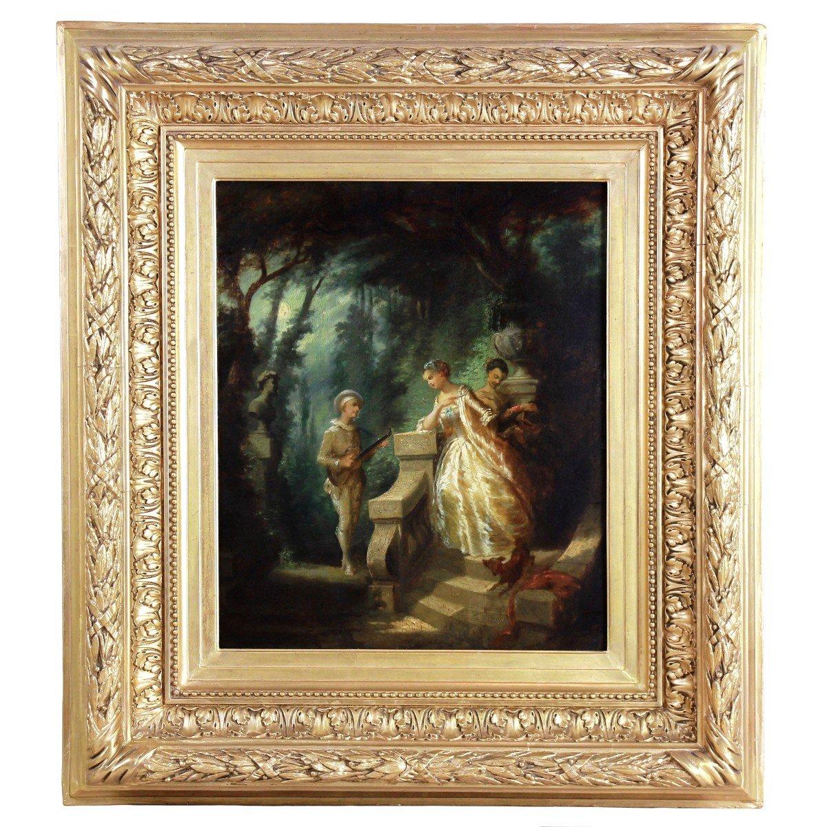 Ölgemälde auf Tafel „Szene Galante“ Attribution Diaz De La Pena, 19. Jahrhundert