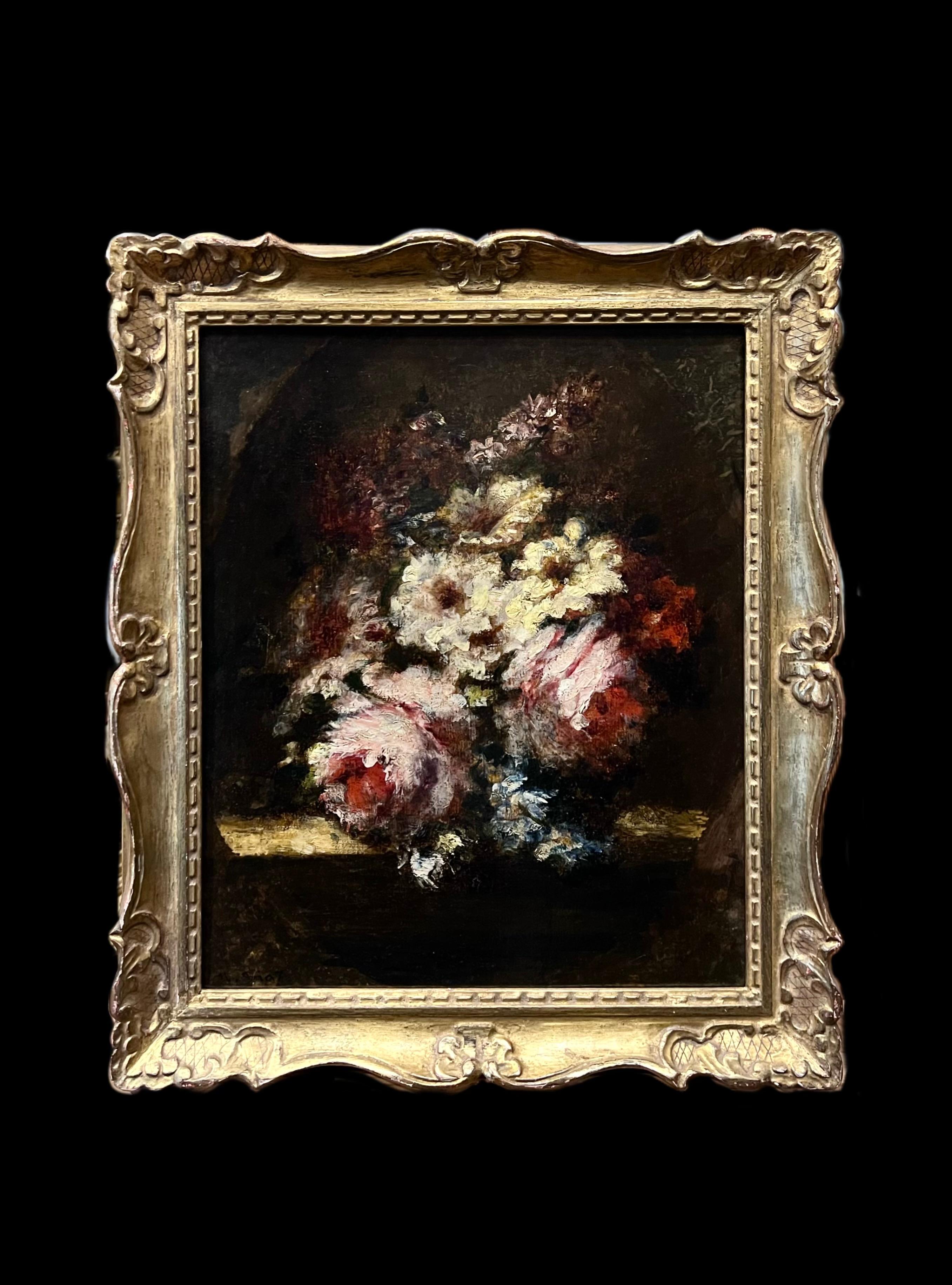 Bouquet de roses et giroflées sur entablement - Painting de Narcisse Virgilio Díaz de la Peña