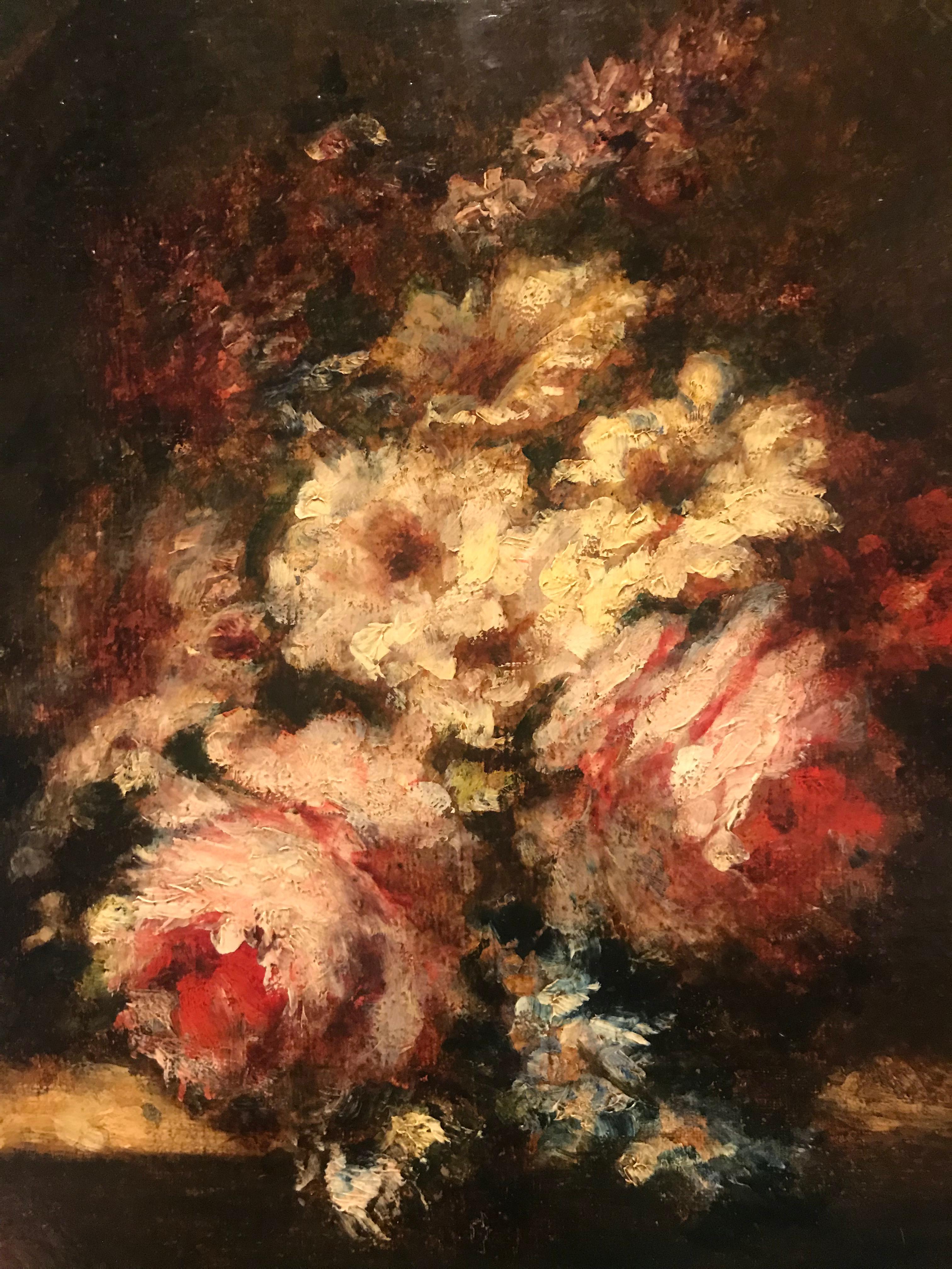 Bouquet de roses et giroflées sur entablement - Barbizon School Painting by Narcisse Virgilio Díaz de la Peña
