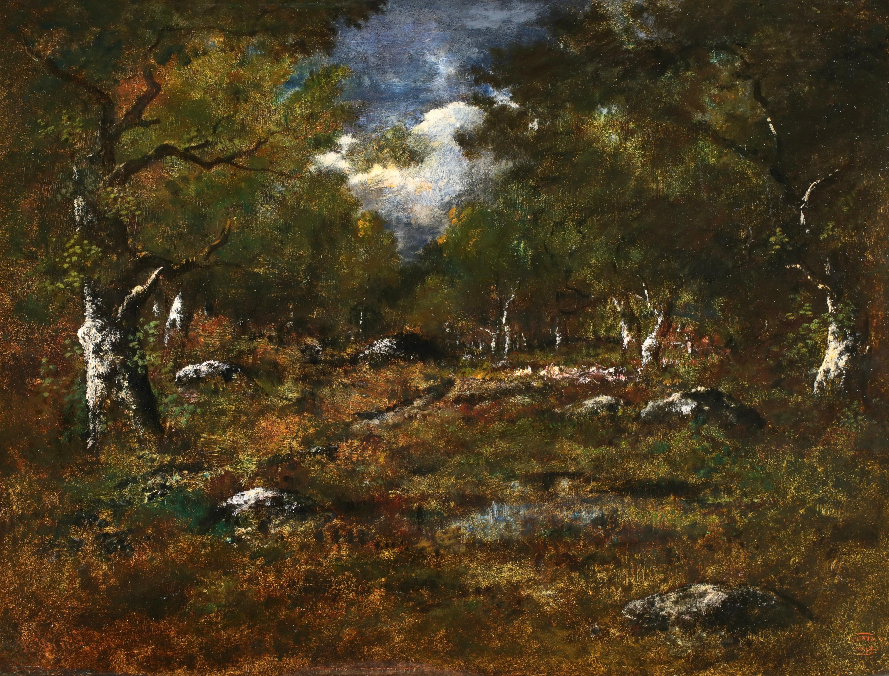 Clairiere avec rochers - Le Soir - Paisaje de Barbizon Óleo de Narcisse Diaz - Painting de Narcisse Virgilio Díaz de la Peña