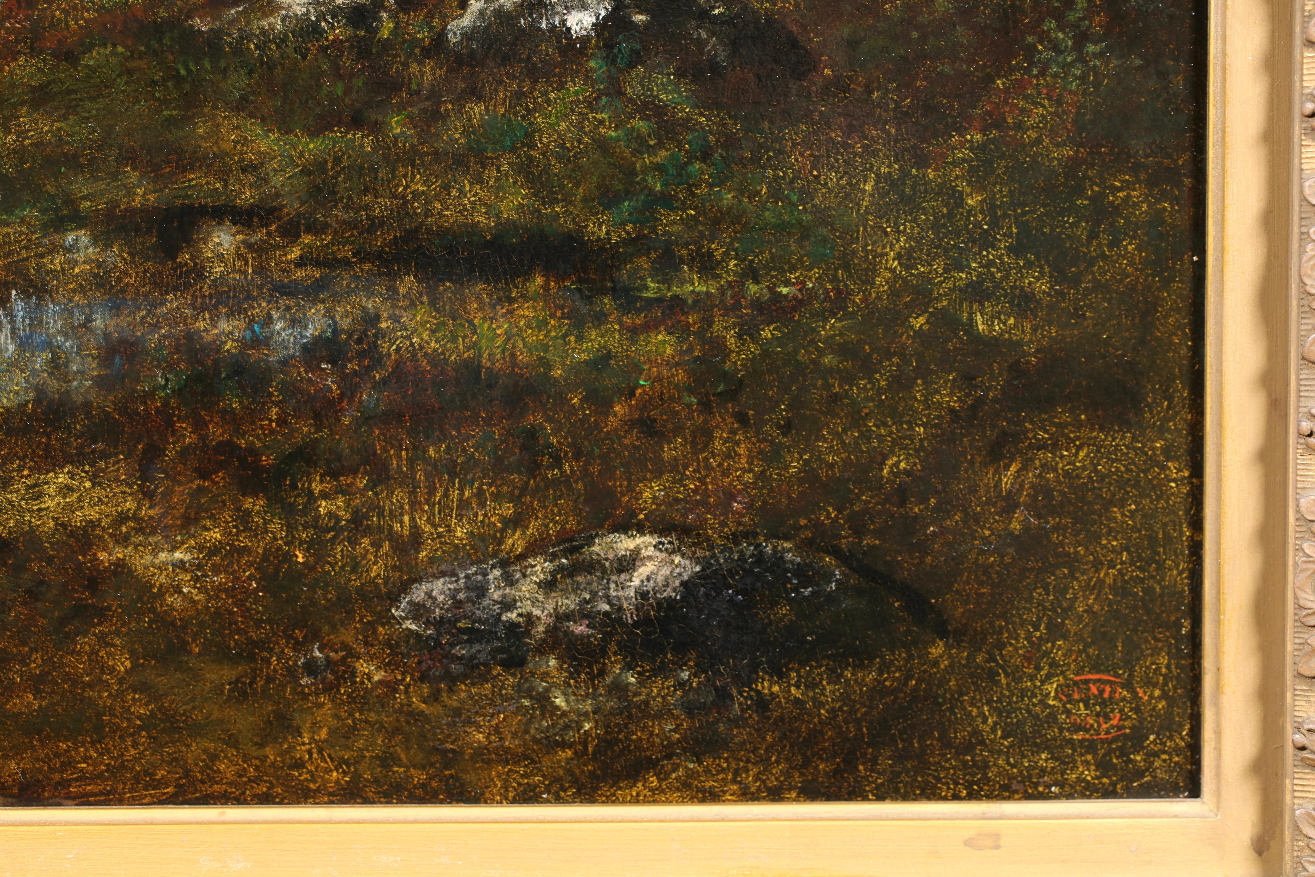 Clairiere avec rochers - Le Soir - Paisaje de Barbizon Óleo de Narcisse Diaz - Landscape Painting Beige de Narcisse Virgilio Díaz de la Peña