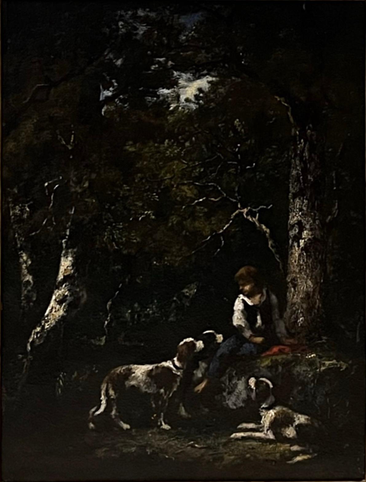 Garçon et son chien à l'orée de la forêt  - École de Barbizon Painting par Narcisse Virgilio Díaz de la Peña