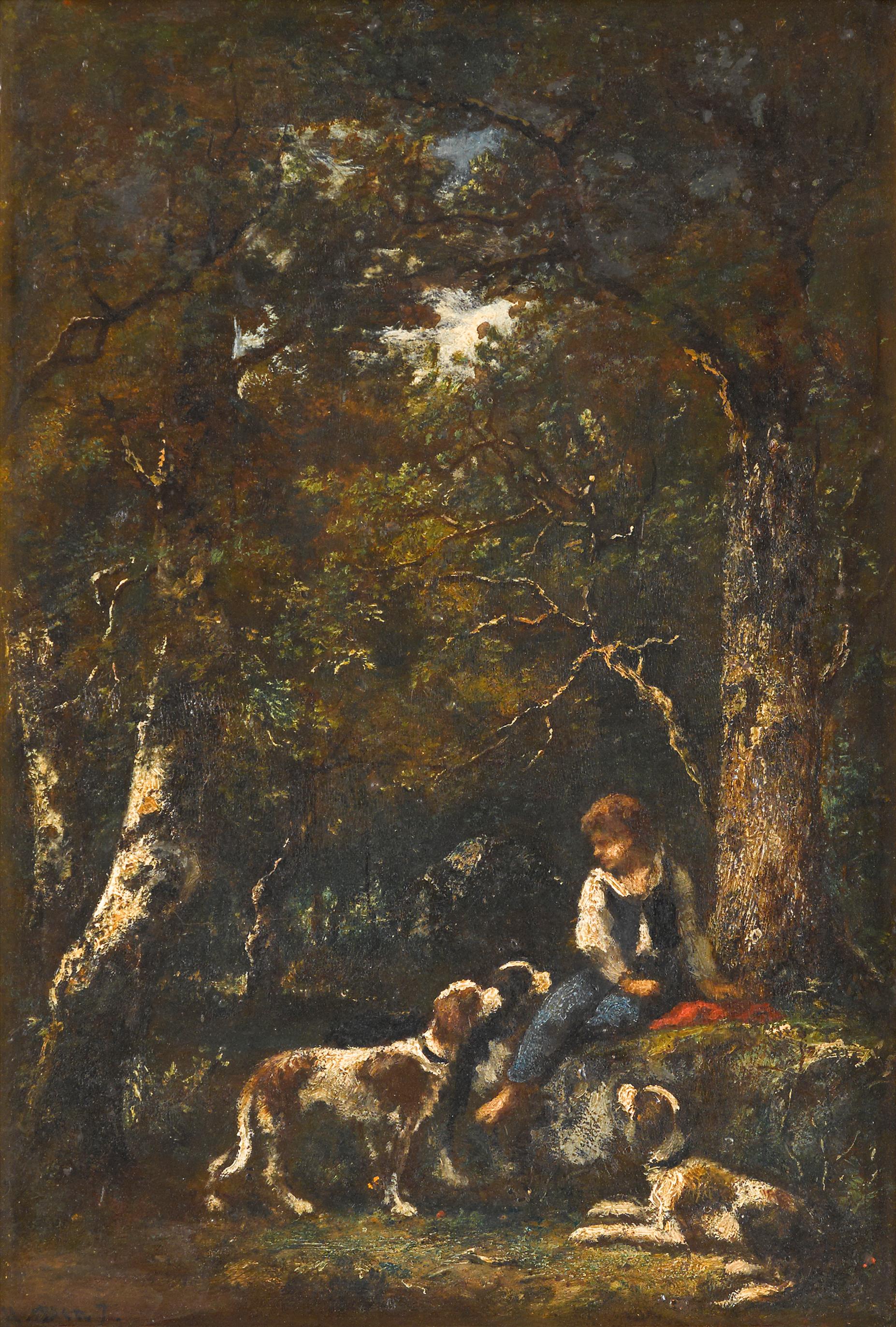 Garçon et son chien à l'orée de la forêt