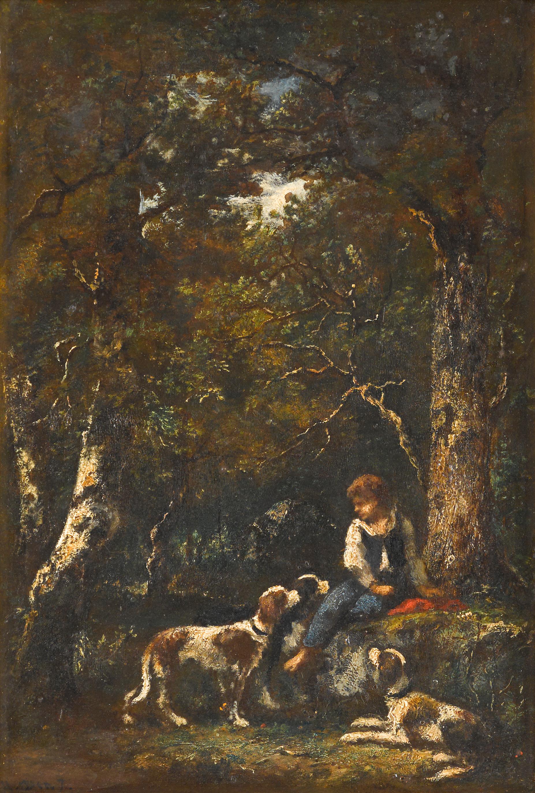 Portrait Painting Narcisse Virgilio Díaz de la Peña - Garçon et son chien à l'orée de la forêt 