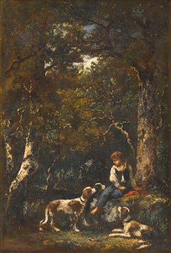 Antique Garçon et son chien à l'orée de la forêt 