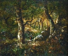 Nella foresta - Figura ad olio di Barbizon del XIX secolo in un paesaggio di Diaz de la Pena