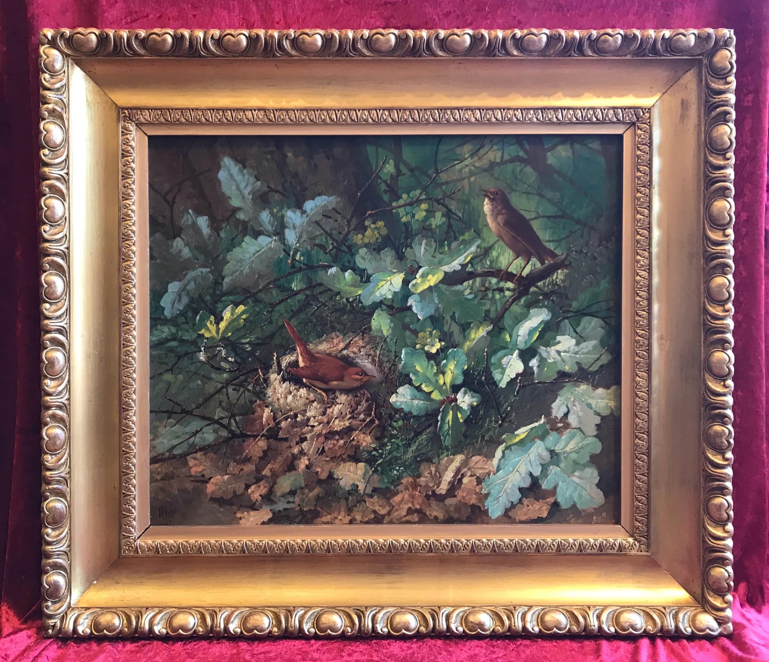 Narcisse Vivien Animal Painting - Painting 19th Century - Still-Life Bird Nest in a Busch
