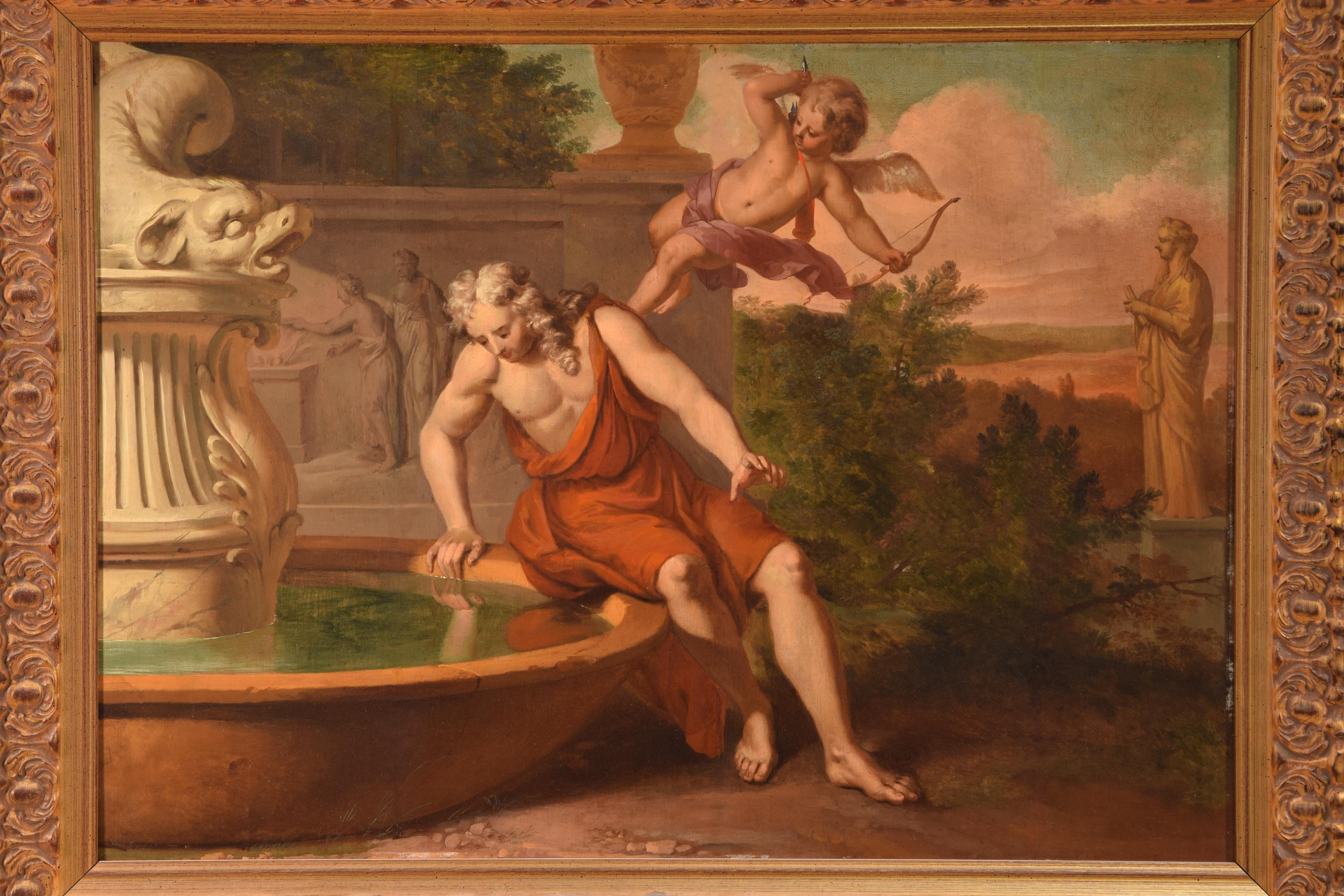 Daffodil in the fountain. Oil on board. XIX century. 
Oil on panel showing a landscape with trees and architectural elements with a strong classicist influence (wall with reliefs, vase with garlands, sculptures, fountain) in which two figures