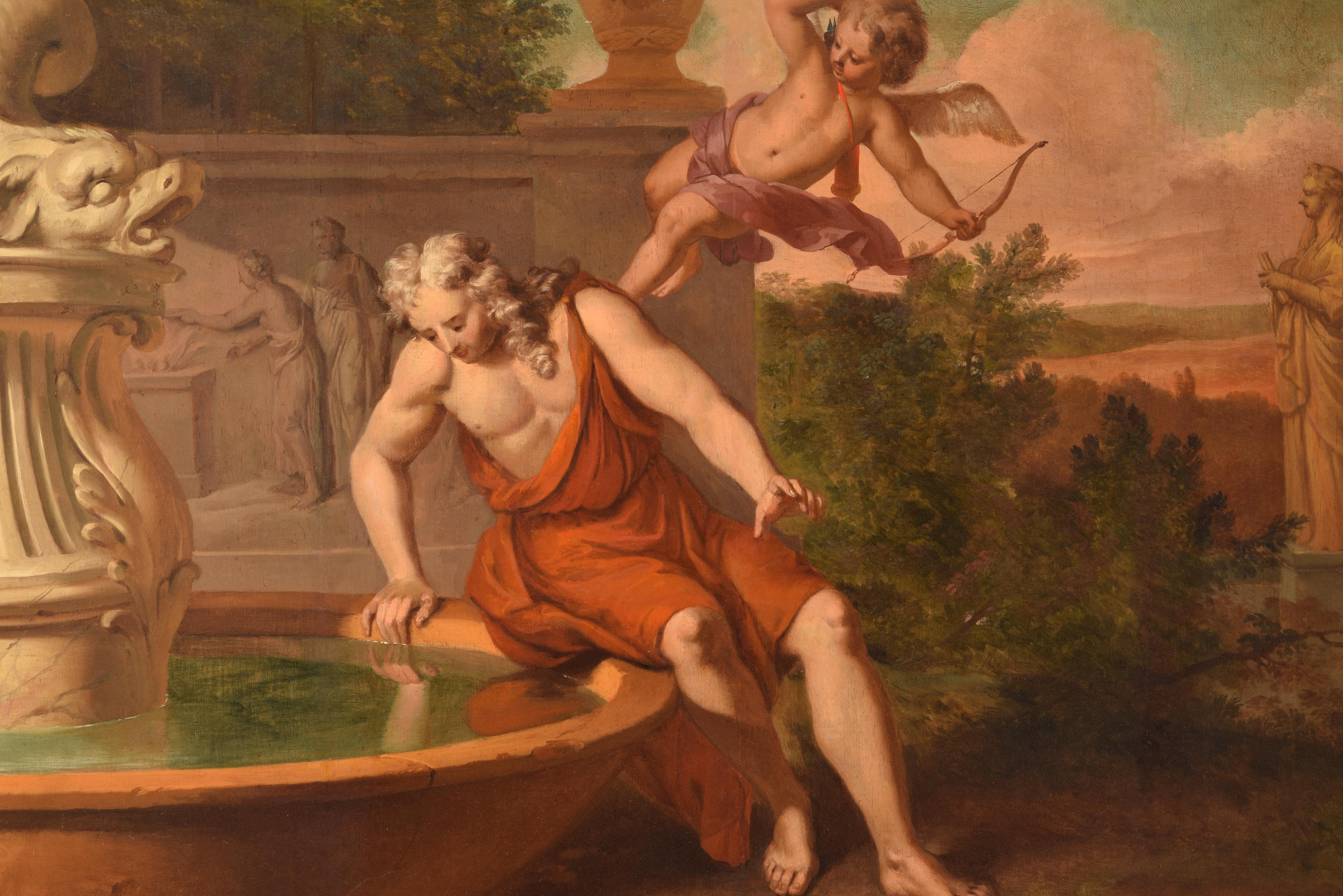 Neoclassical Revival Narcissus at the Fountain, Oil on Panel, 19th Century For Sale