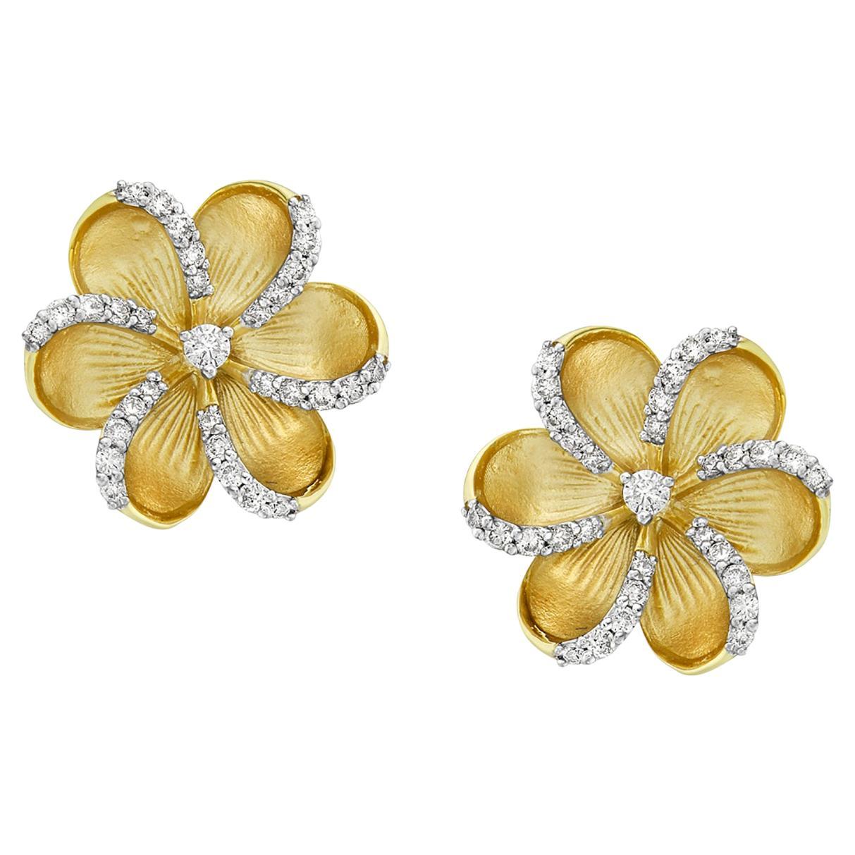 Narcissus Flower Shaped Carved Studs in 14k Yellow Gold Equipped with Diamonds For Sale