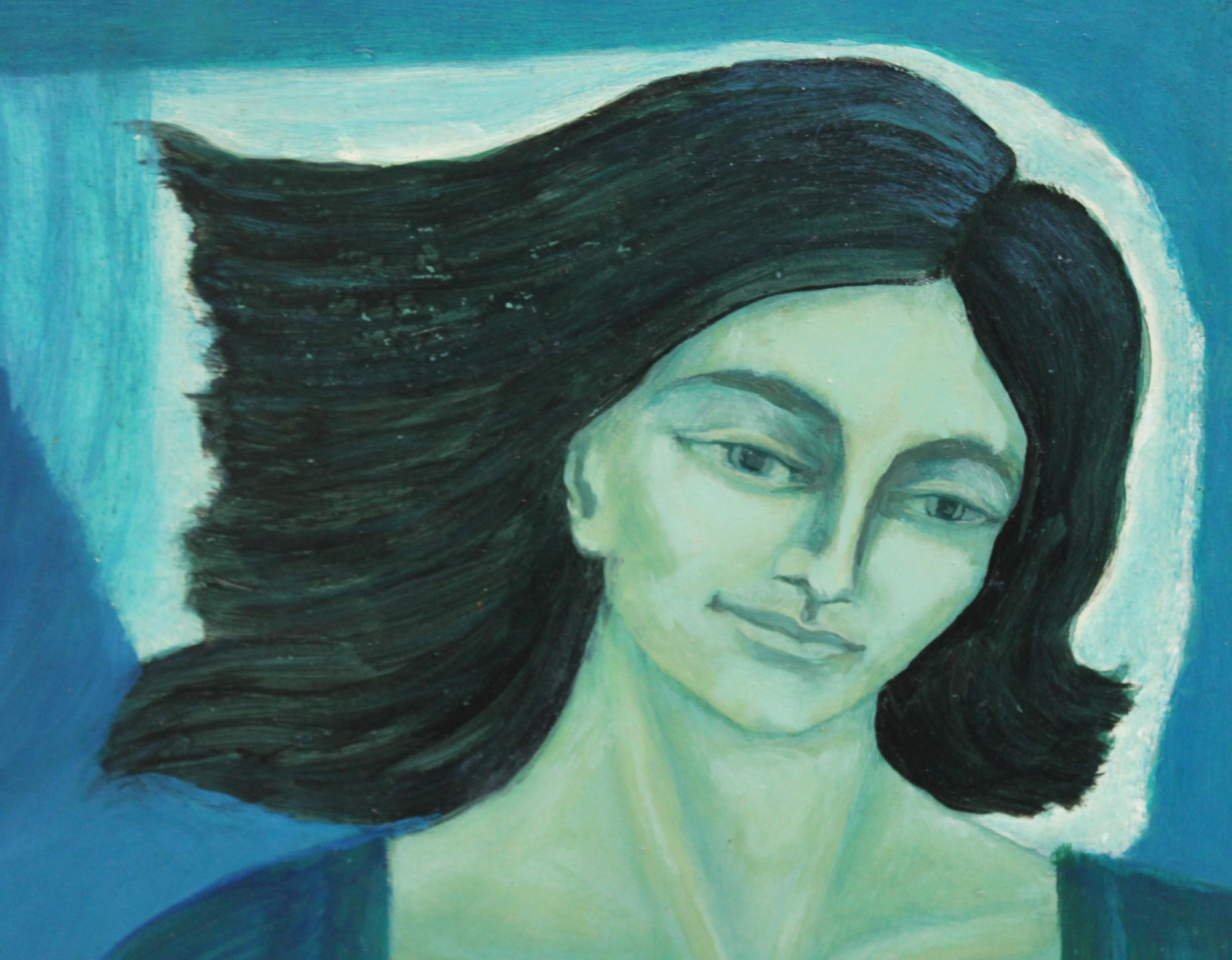 Óleo sobre tablex - Pensamientos al viento - Bleu Figurative Painting par Narcís Pons Junyer