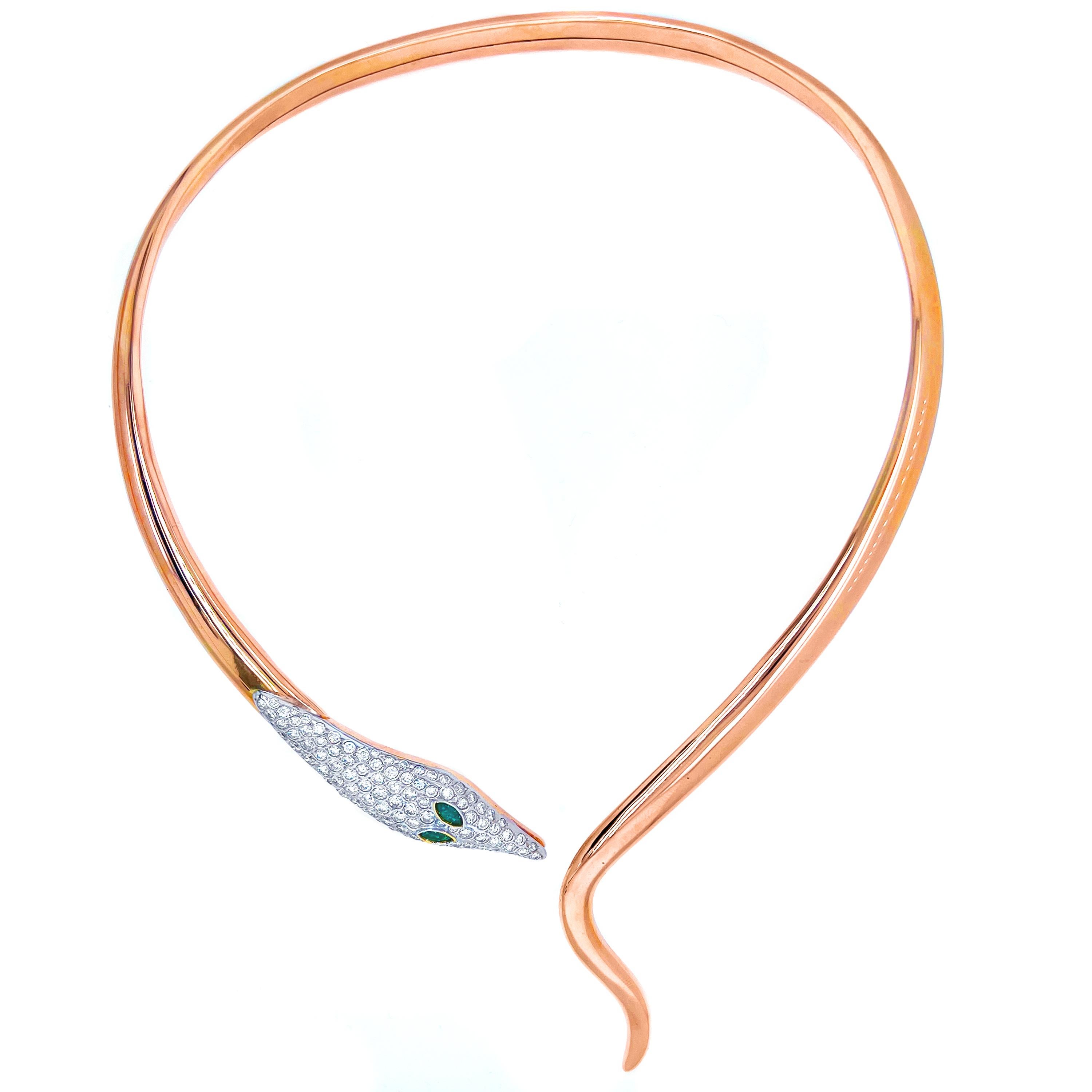 Round Cut Nardi 18K Rose Gold and Diamonds Marquise Emerald Snake Drop Collar Necklace For Sale