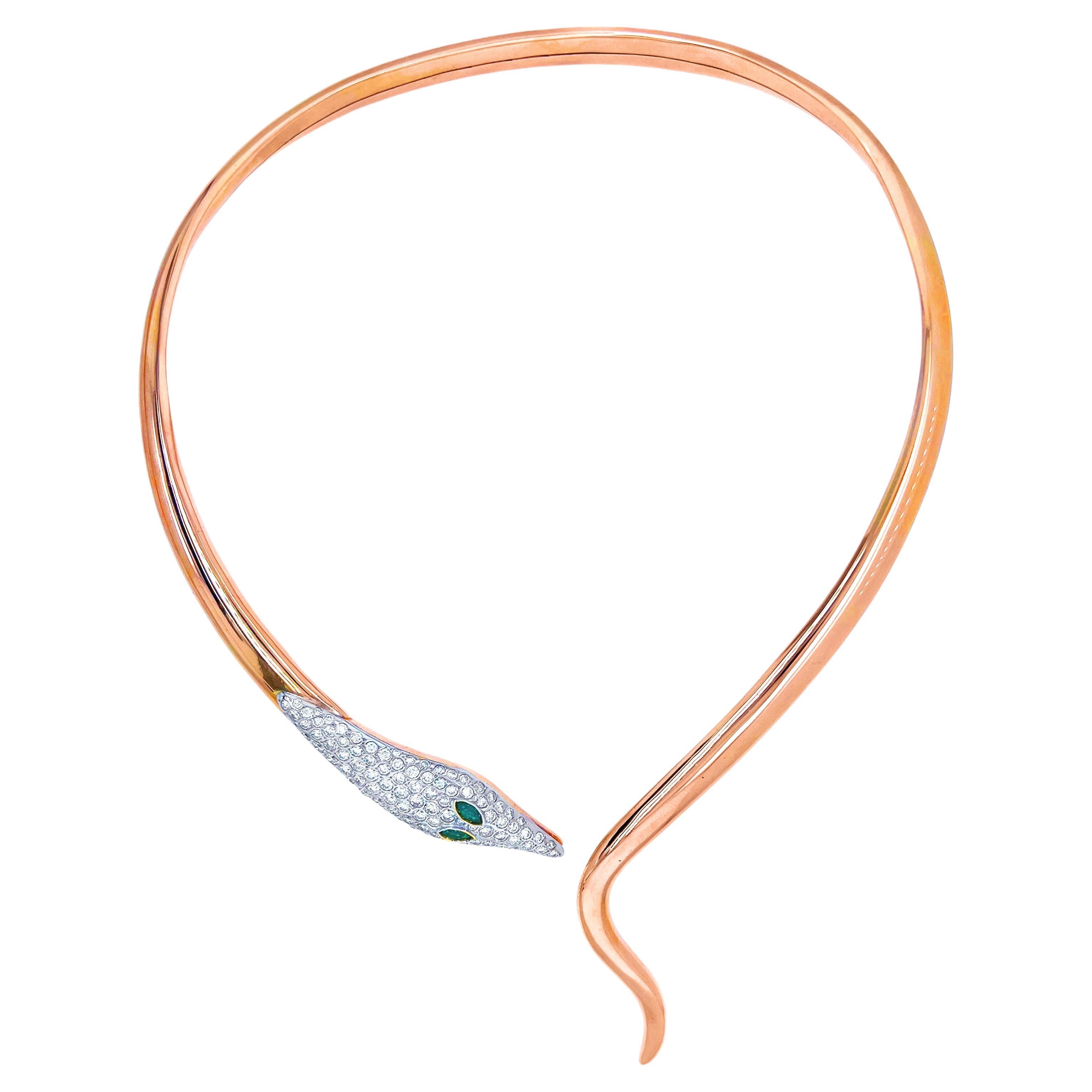 Nardi 18K Rose Gold and Diamonds Marquise Emerald Snake Drop Collar Necklace For Sale