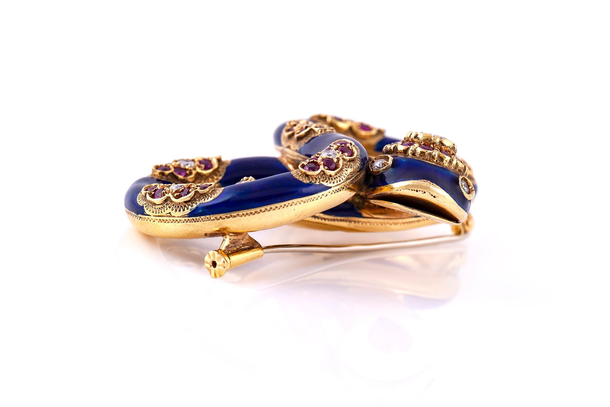 Women's or Men's Nardi Blue Enamel Snake Brooch with a 1.50 Carat Pear-Shaped Diamond For Sale