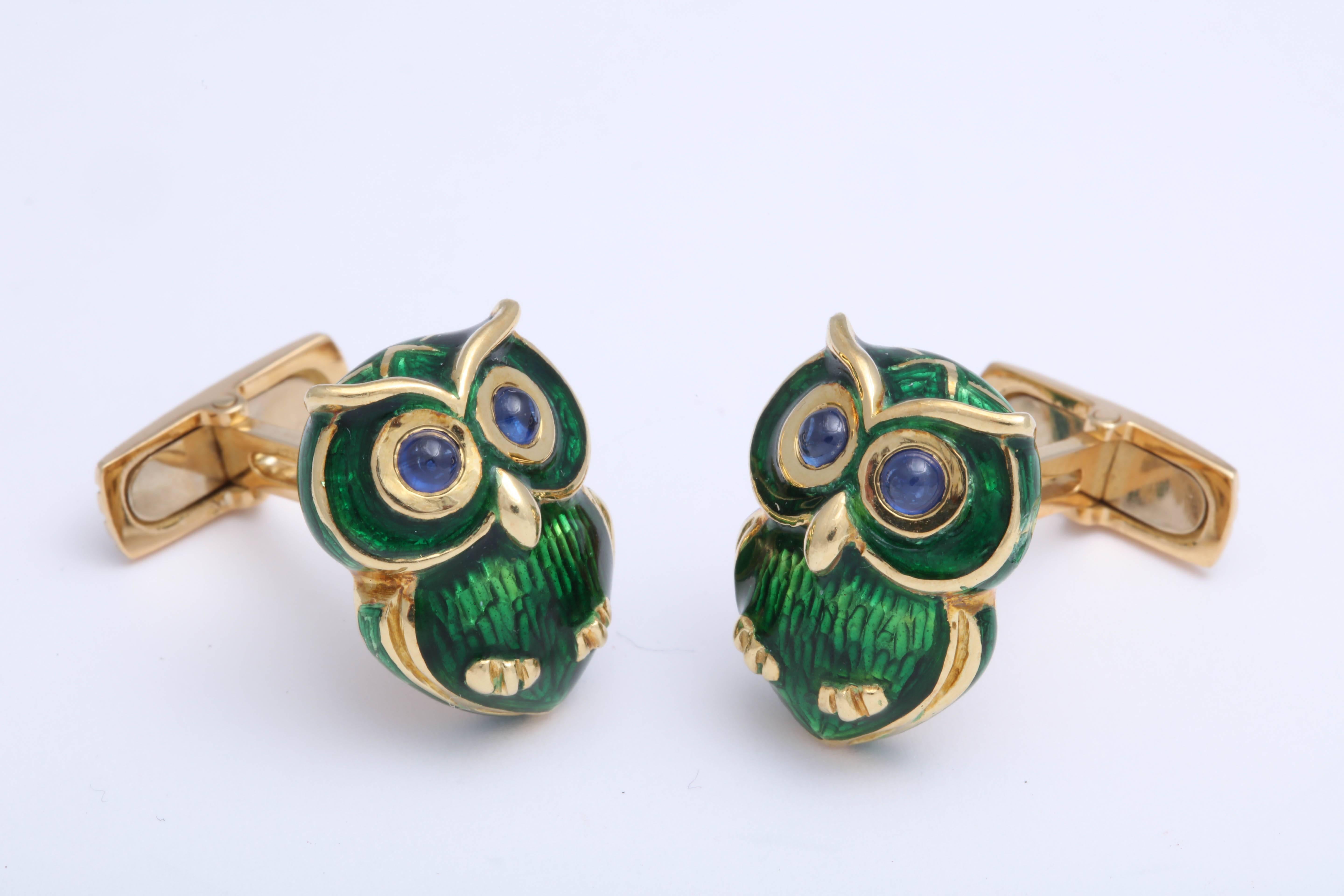 Nardi Green Enamel Cufflinks with Cabochon Sapphire Eyes 1