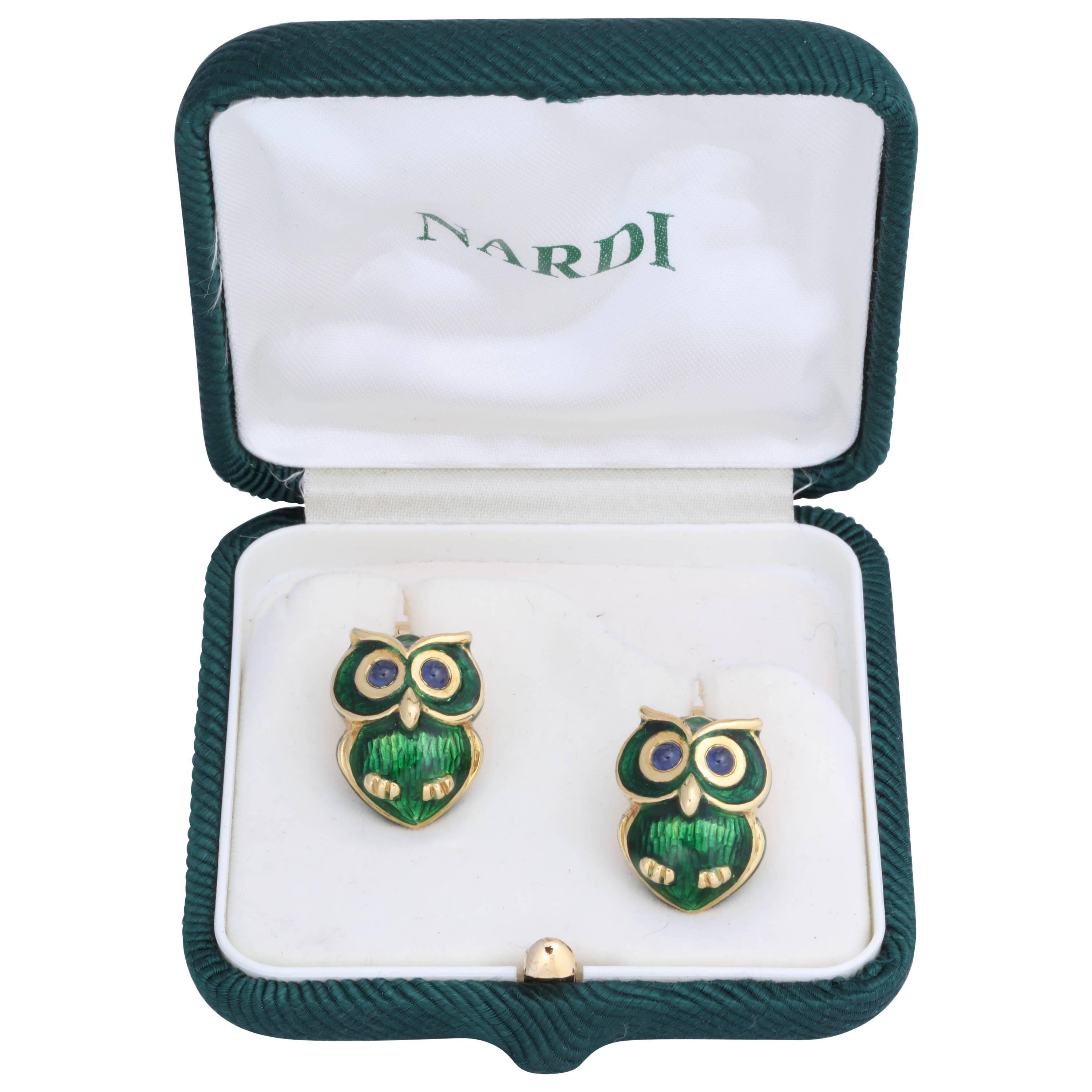 Nardi Green Enamel Cufflinks with Cabochon Sapphire Eyes