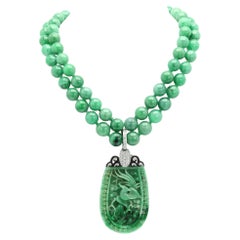 Nardi Jade Necklace Pendant 18k Natural Jadite and Diamonds Double Strand Beads