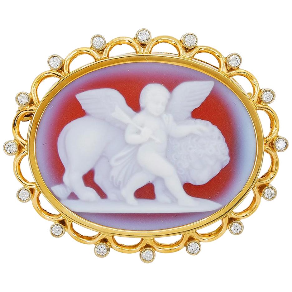 Nardi Diamond Yellow Gold Love Conquers All Cameo Brooch For Sale