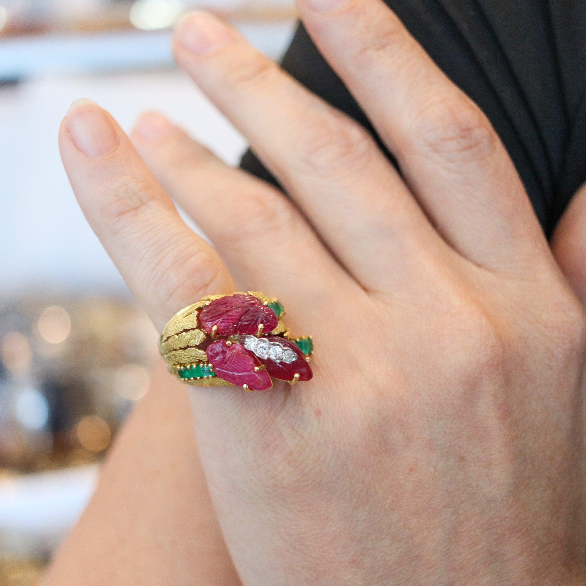 A Tutti-Frutti cocktail ring designed by Nardi.

This is a fabulous vintage ring, created in Venice Italy by the iconic and exclusive Venetian jewelry house of Nardi, back in the 1960. This unique and one-of-a-kind cocktail ring has been made up in