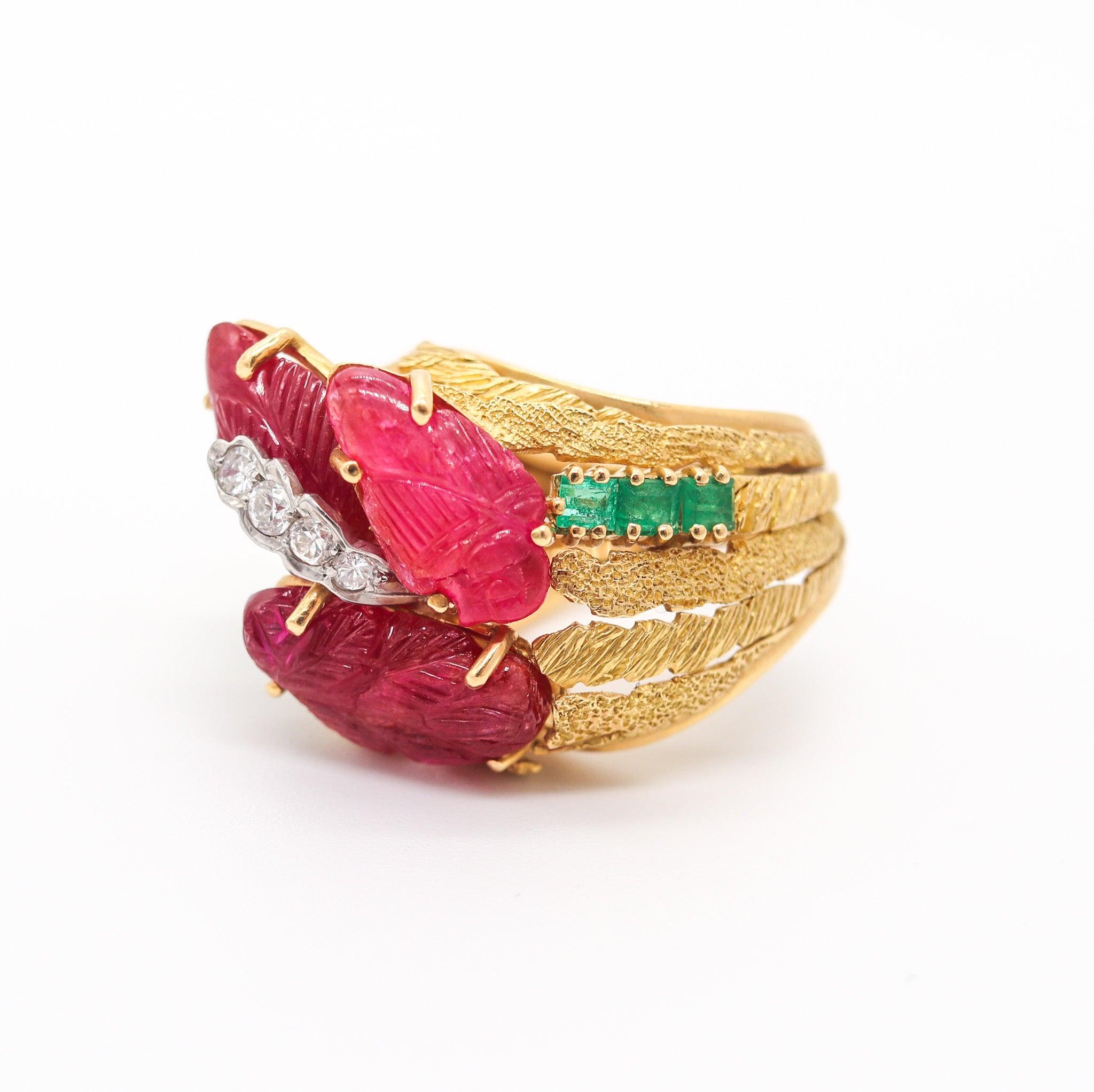 NARDI Venice 1960 Tutti-Frutti Cocktail Ring In 18Kt Gold Diamonds & Color Gems In Excellent Condition For Sale In Miami, FL