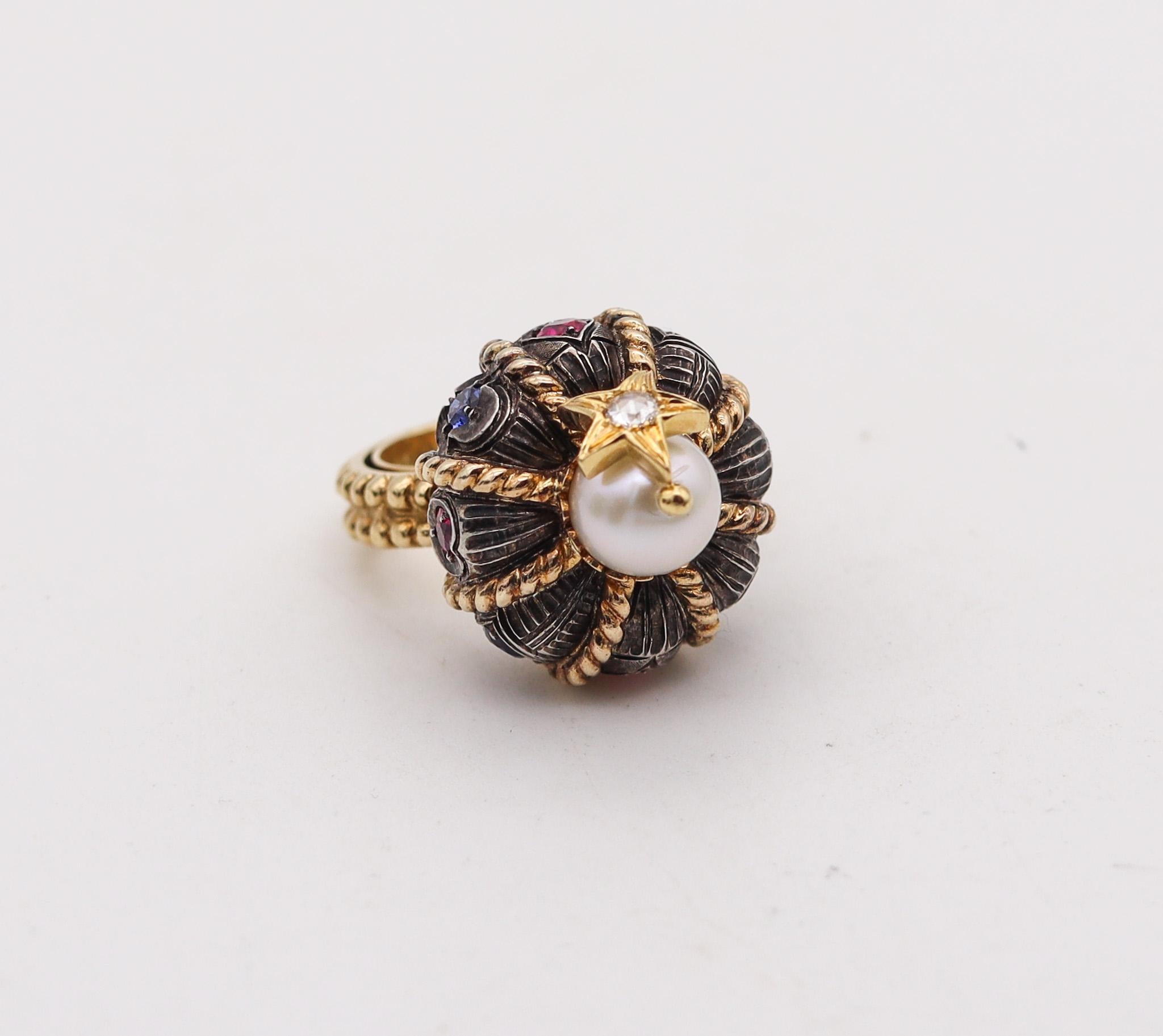 A cocktail ring designed by Nardi.

Very rare vintage ring, created in Venice Italy by the iconic and exclusive Venetian jewelry house of Nardi. This unique and one-of-a-kind cocktail ring has been carefully crafted in the shape pf a Moorish turban