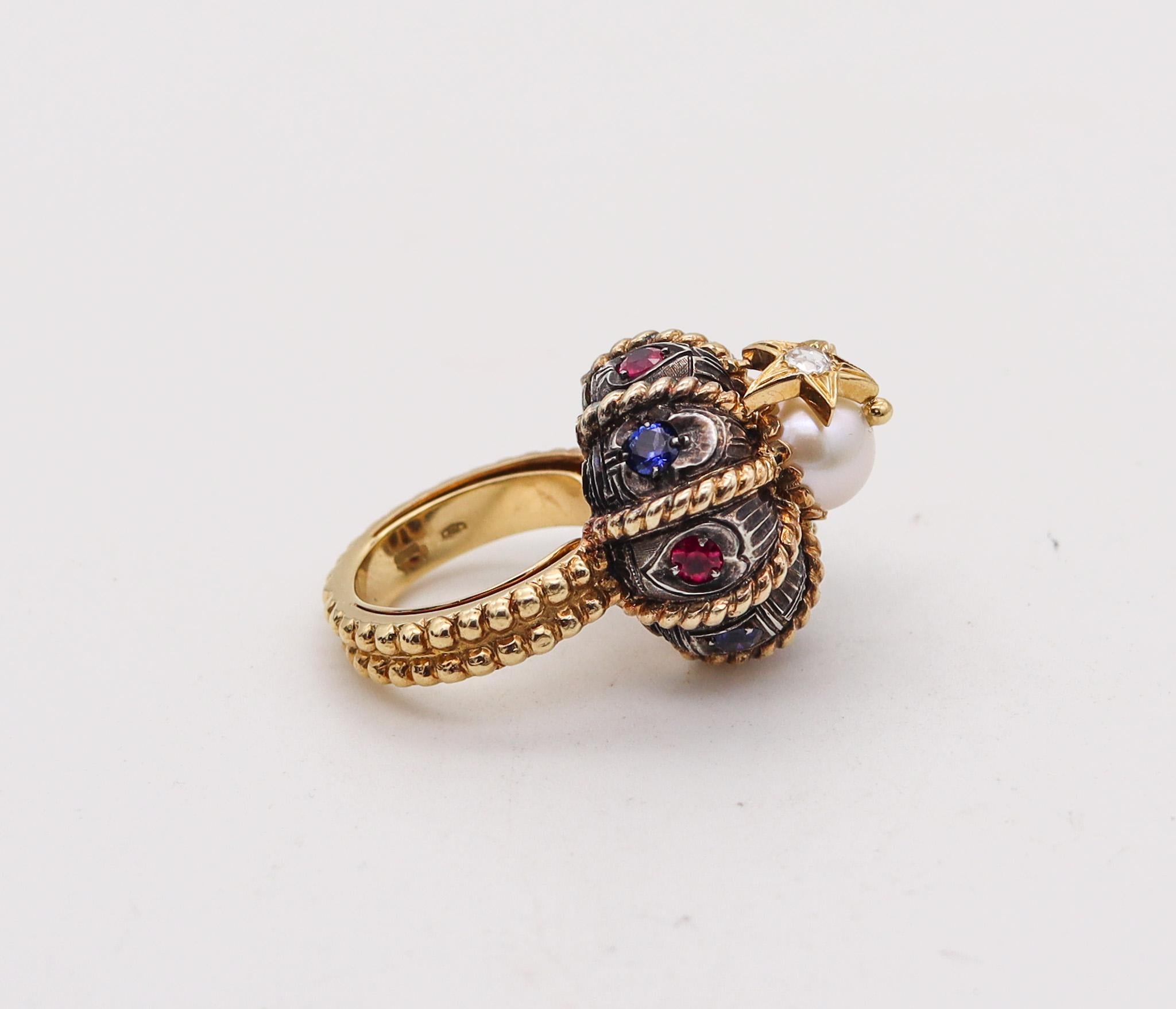 Modernist Nardi Venice Unusual Turban Cocktail Ring In 18Kt Gold With Color Gemstones For Sale