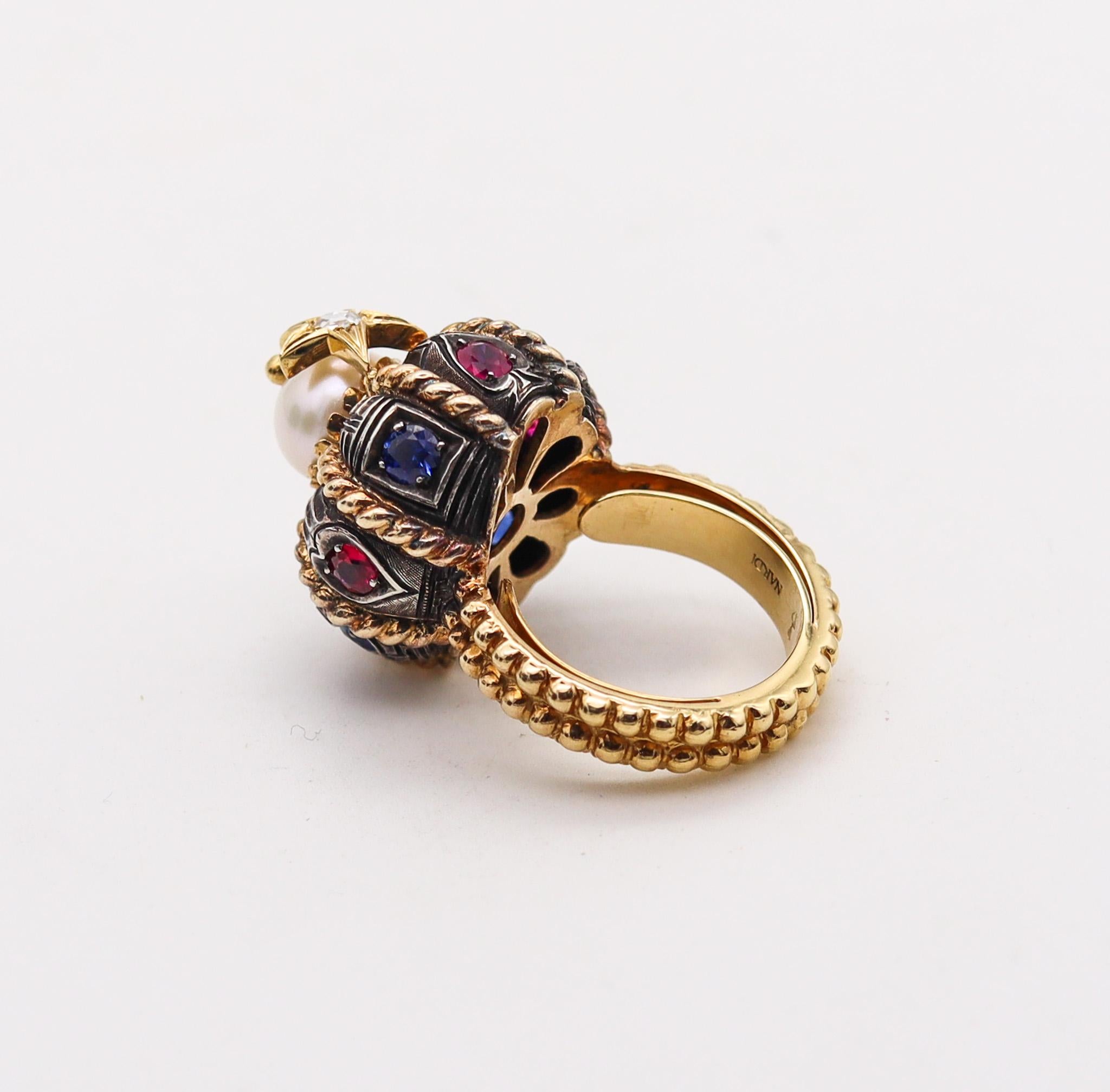Round Cut Nardi Venice Unusual Turban Cocktail Ring In 18Kt Gold With Color Gemstones For Sale