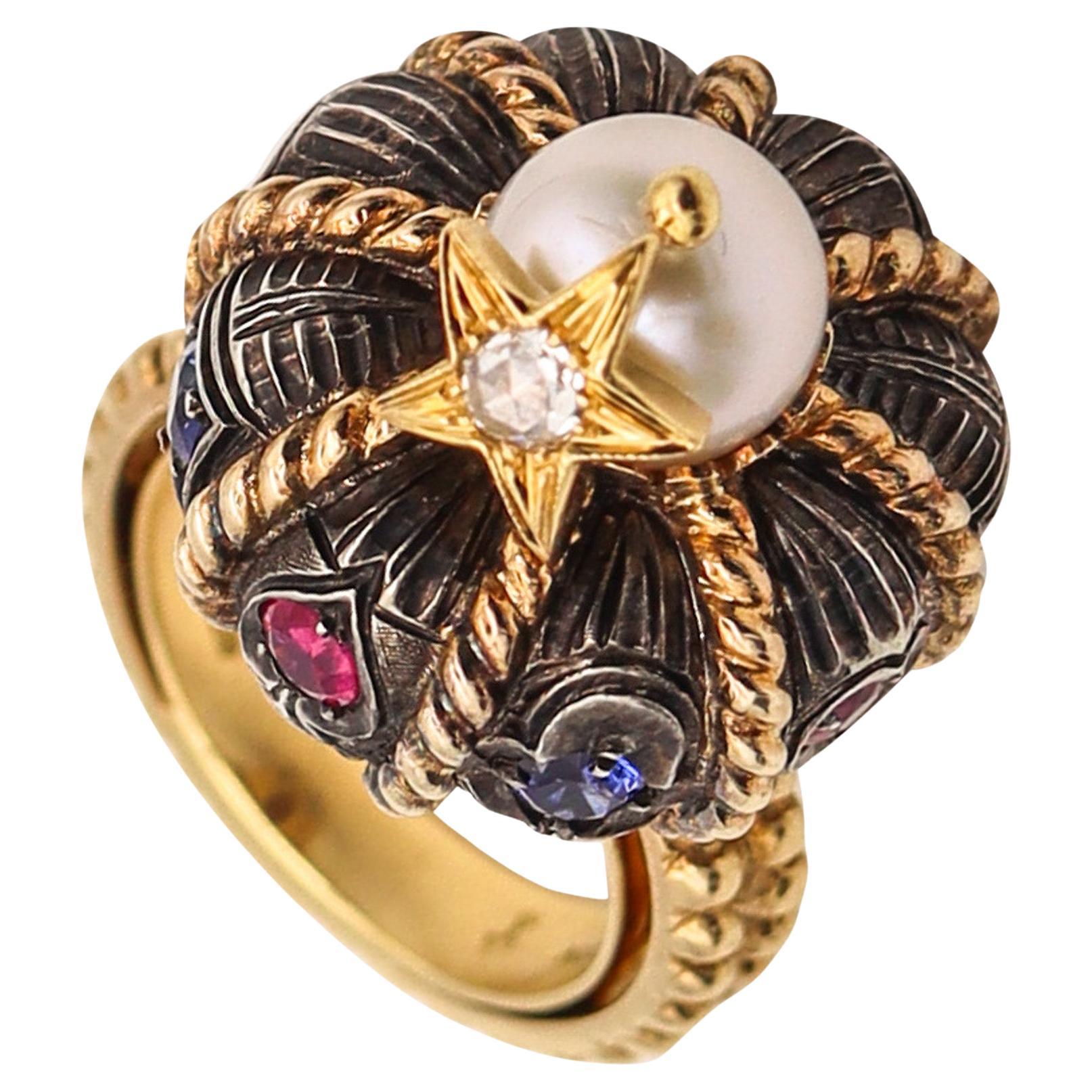 Nardi Venice Unusual Turban Cocktail Ring In 18Kt Gold With Color Gemstones