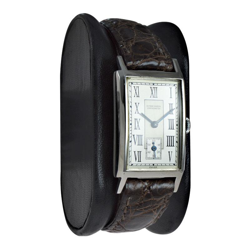 FACTORY / HOUSE: Ulysse Nardin
STYLE / REFERENCE: Art Deco / Tank Style
METAL / MATERIAL: Stainless Steel 
DIMENSIONS: Length 41mm X Diameter 22mm
CIRCA: 1930's / 1940's
MOVEMENT / CALIBER: Manual Winding / 16 Jewels / Tonneau Shape
DIAL / HANDS: