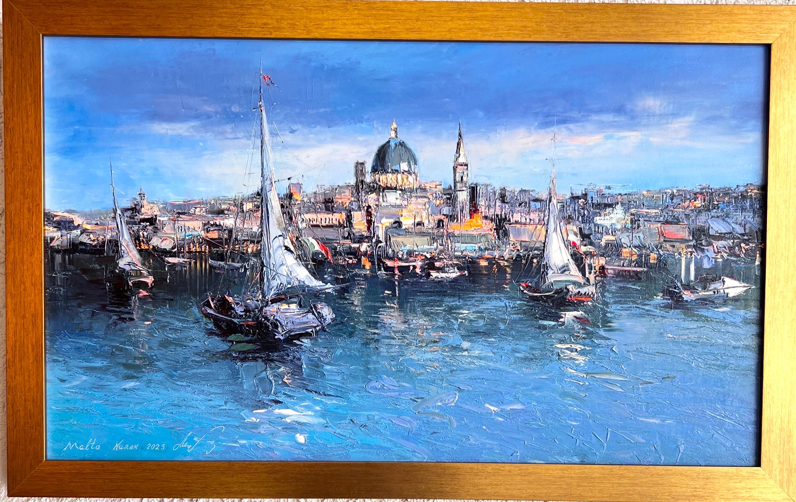 Malta, view of Malta, Seascape , contemporary painting of Malta.   - Impressionist Painting by Narek Arakelyan