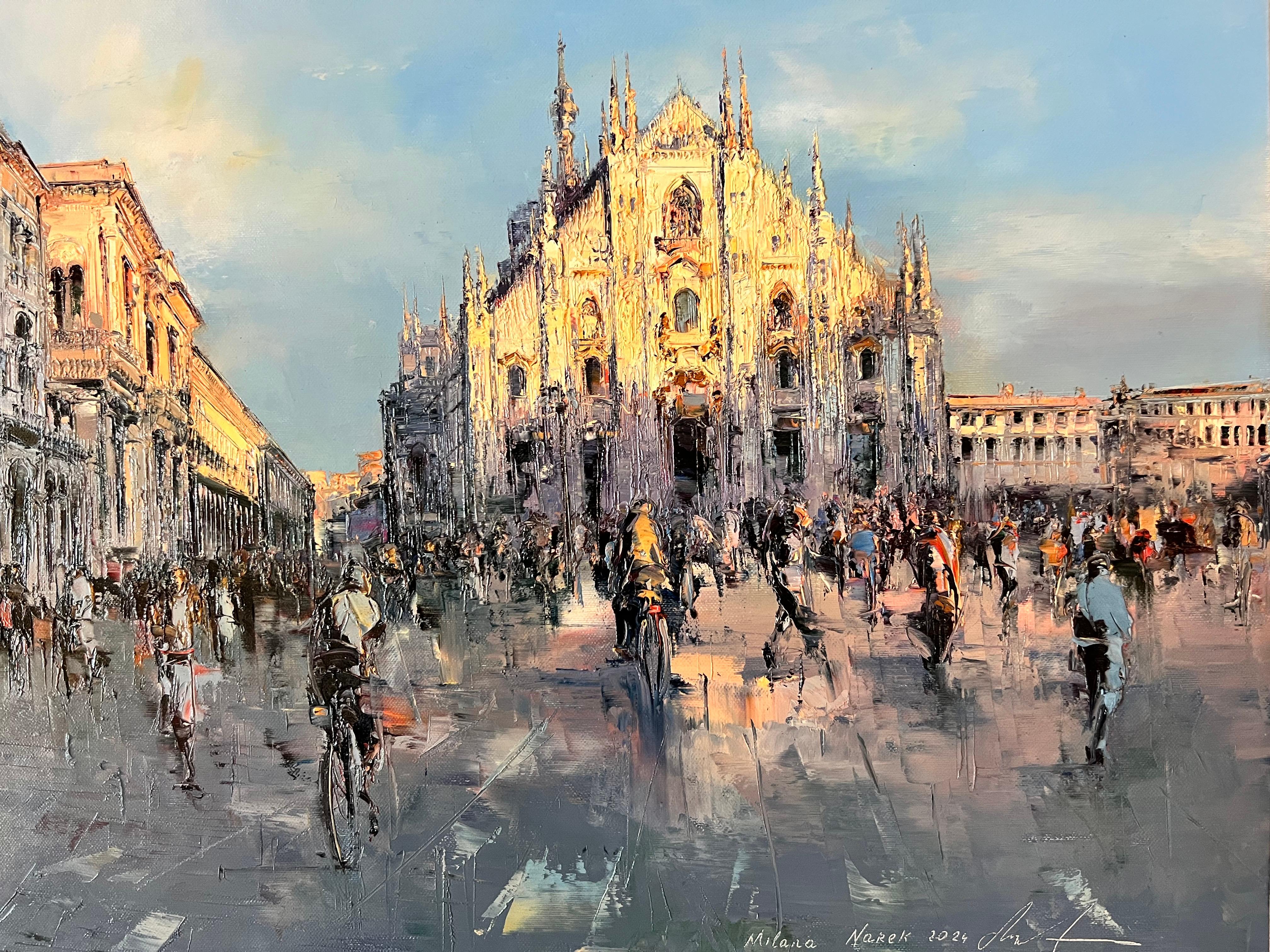 Milan, Metropolitan City of Milan sur Counterparty look huile sur toile - Impressionnisme Painting par Narek Arakelyan