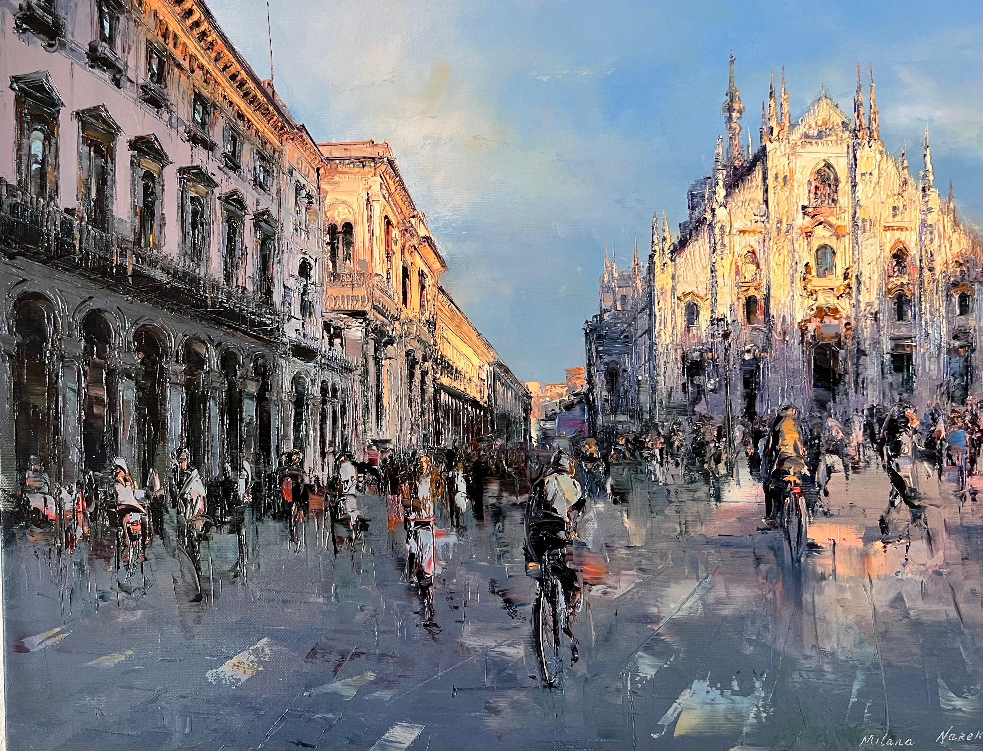Milan, Metropolitan City of Milan sur Counterparty look huile sur toile - Gris Landscape Painting par Narek Arakelyan