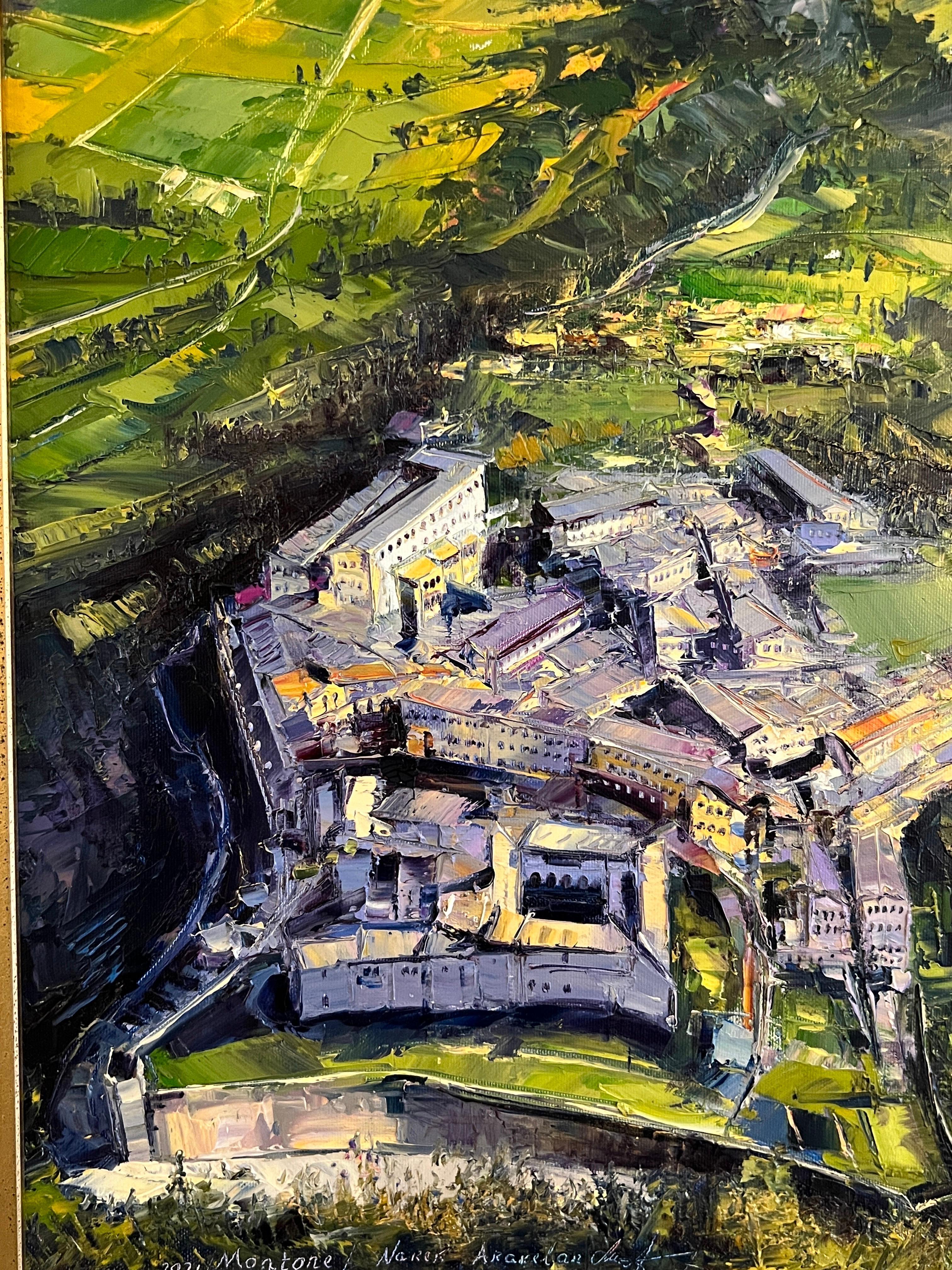 Montone, en Italie, peinture impressionniste Montone, Village de Montone. - Marron Landscape Painting par Narek Arakelyan
