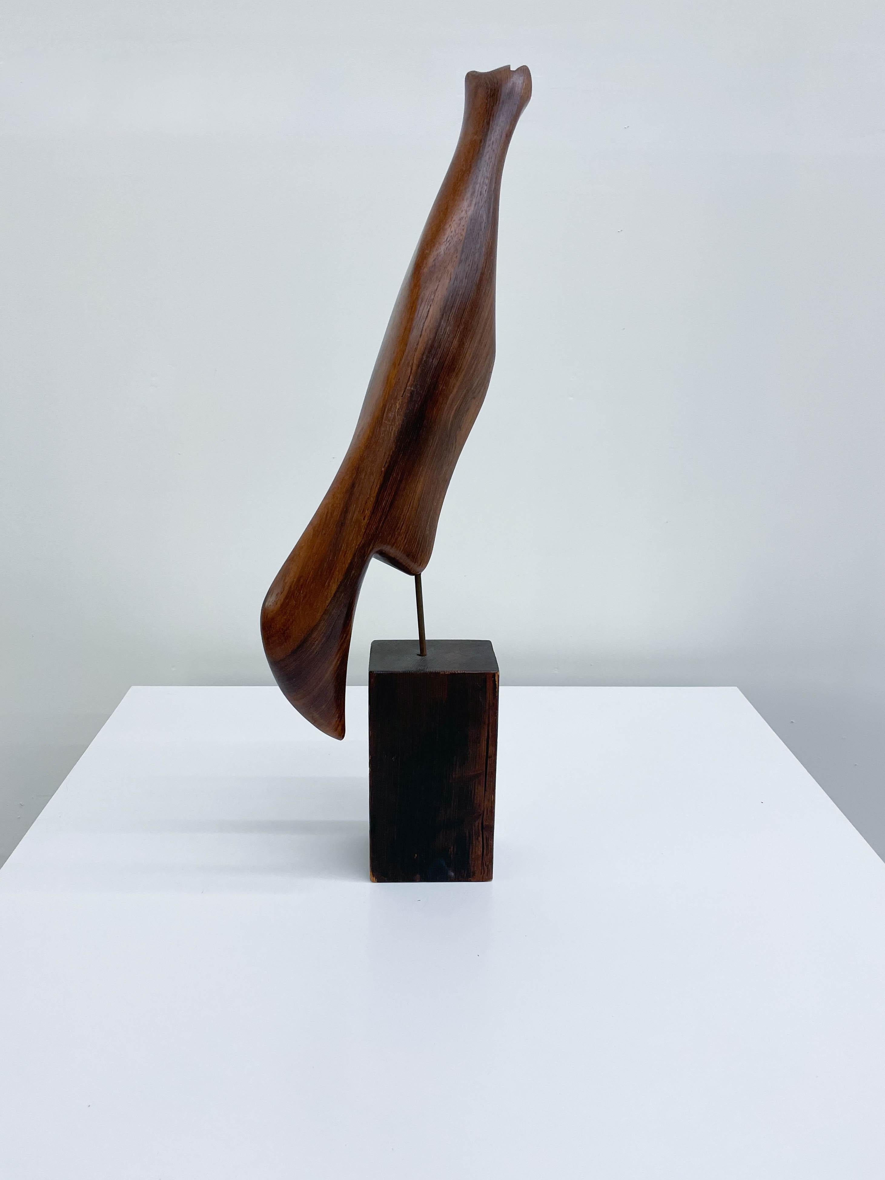 Stunning abstract bird sculpture in solid Brazilian Rosewood by artist Narendra Patel. Originally hailing from India, the sculptor completed degrees in painting, sculpting, and product design at the prestigious Maharaja Sayajirao University before