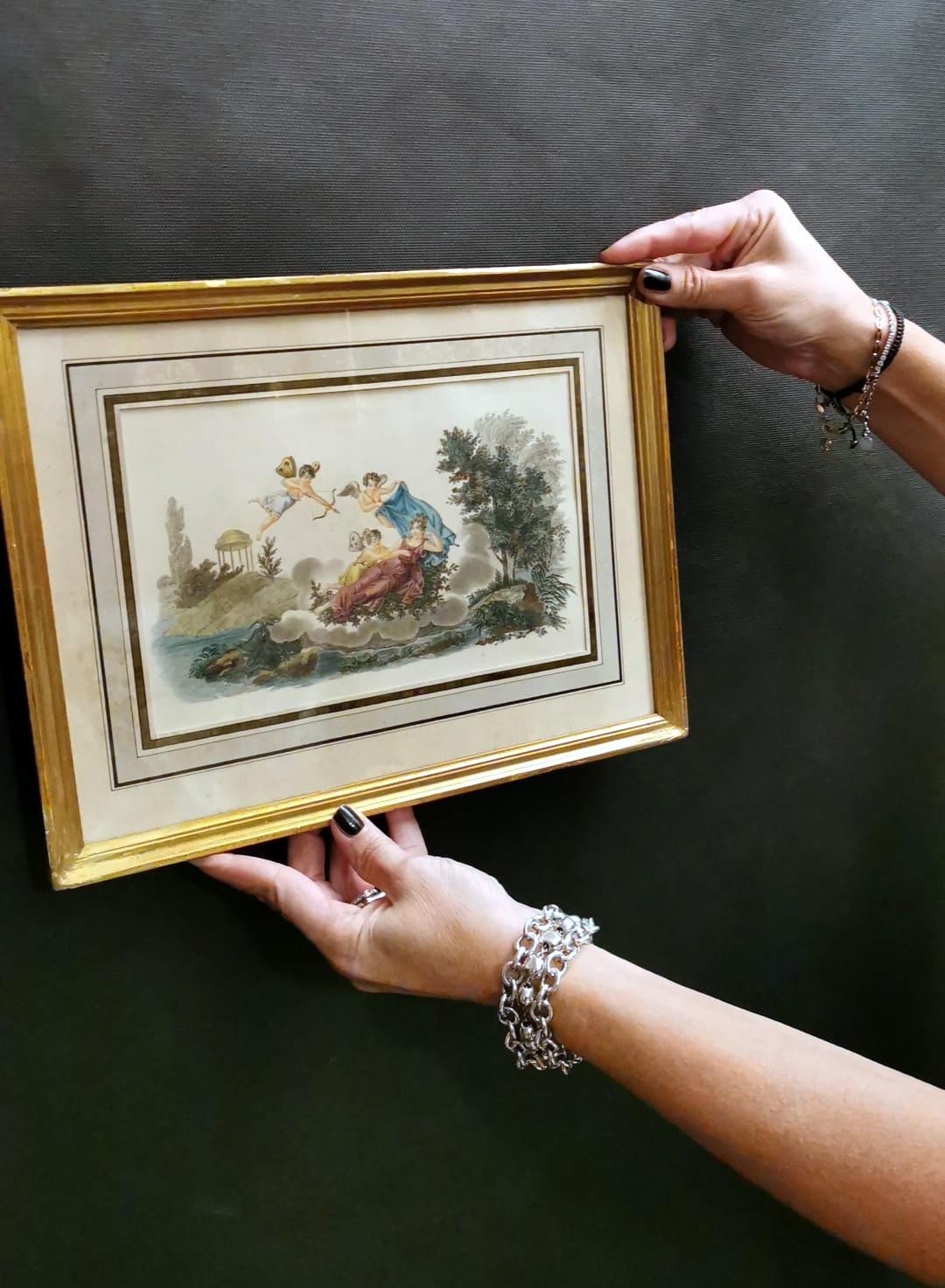 Paire d'impressions peintes à l'aquarelle avec cadres dorés de Nargeol Adrien en vente 10