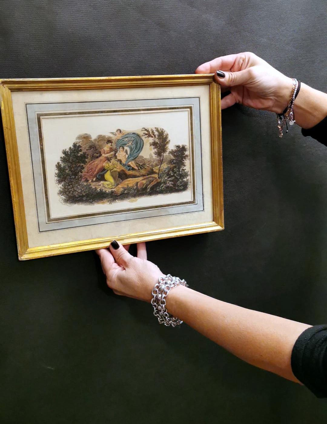Paire d'impressions peintes à l'aquarelle avec cadres dorés de Nargeol Adrien en vente 11
